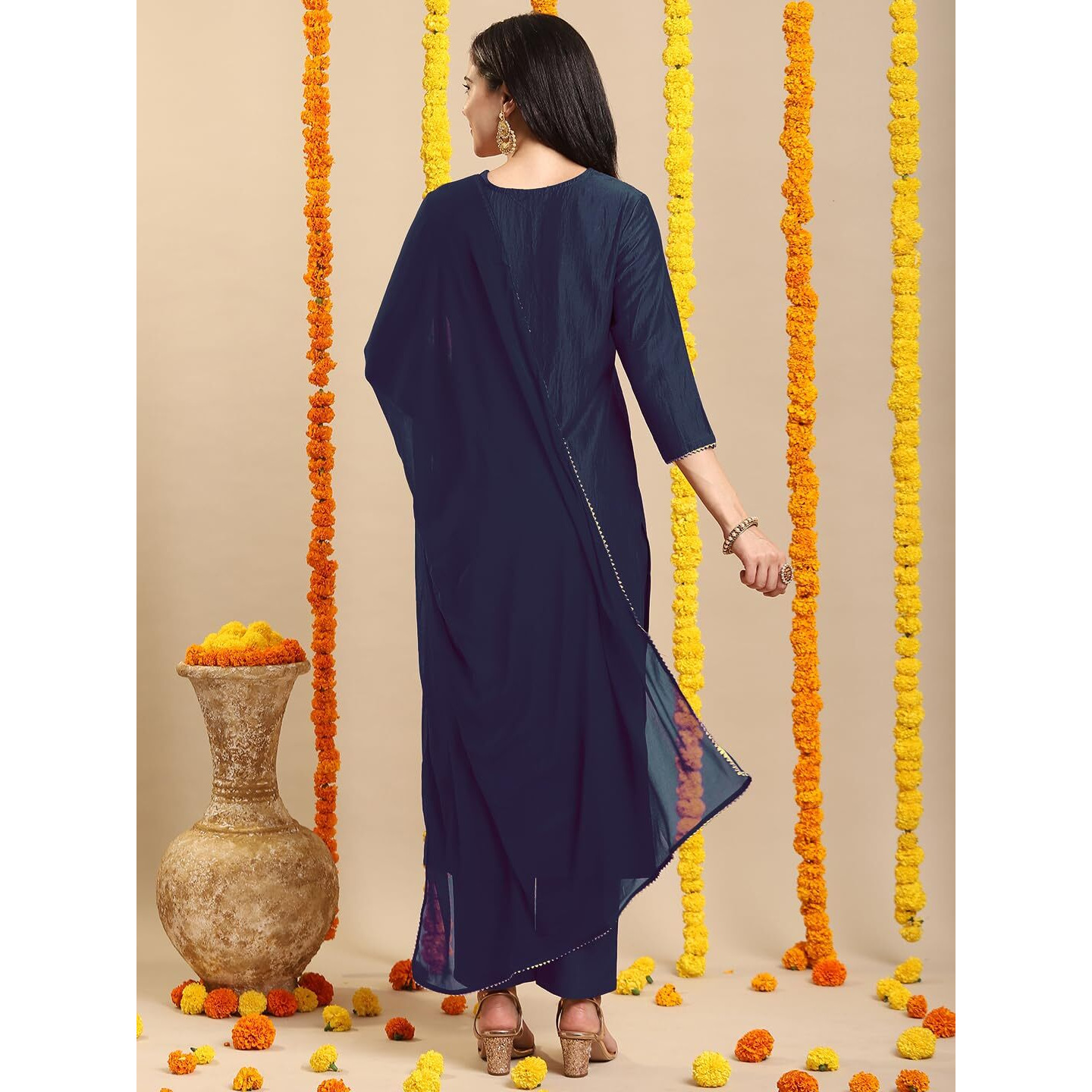 Gosriki Women's Rayon Viscose Straight Embroidered Kurta With Pant & Dupatta (Galpatiyo Navy Blue-Gs_M_Navy Blue_Medium)
