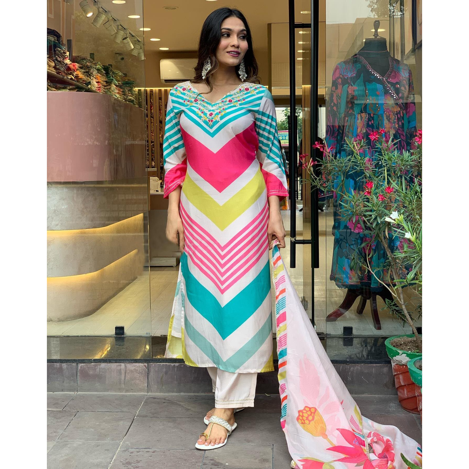 Gosriki Women's Cotton Blend Straight Printed Kurta With Pant & Dupatta (Dhimi Pink-Gs_M_Pink_Medium)