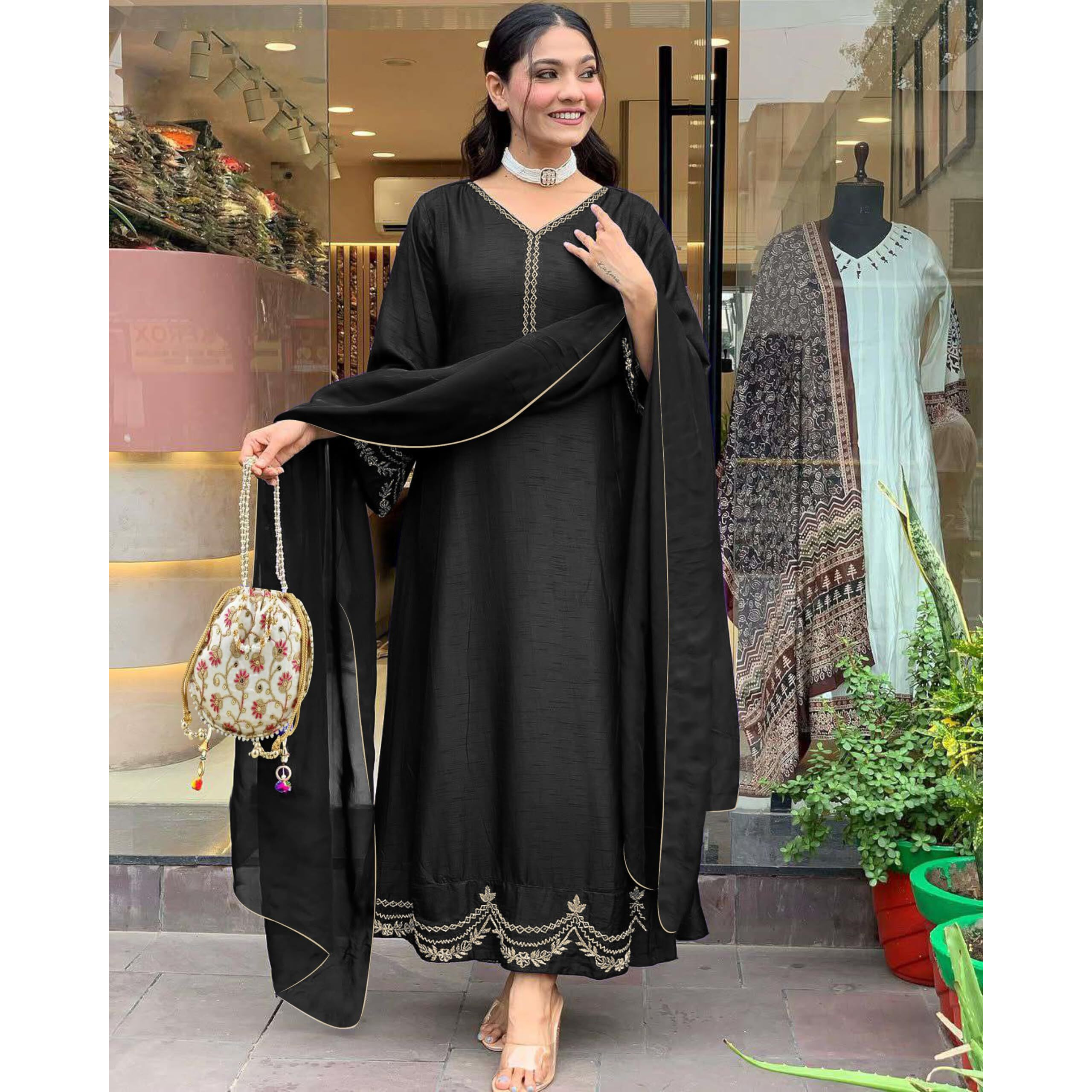 Gosriki Women's Rayon Viscose Anarkali Embroidered Kurta With Pant & Dupatta (Ranibai Black-Gs_S_Black_Small)