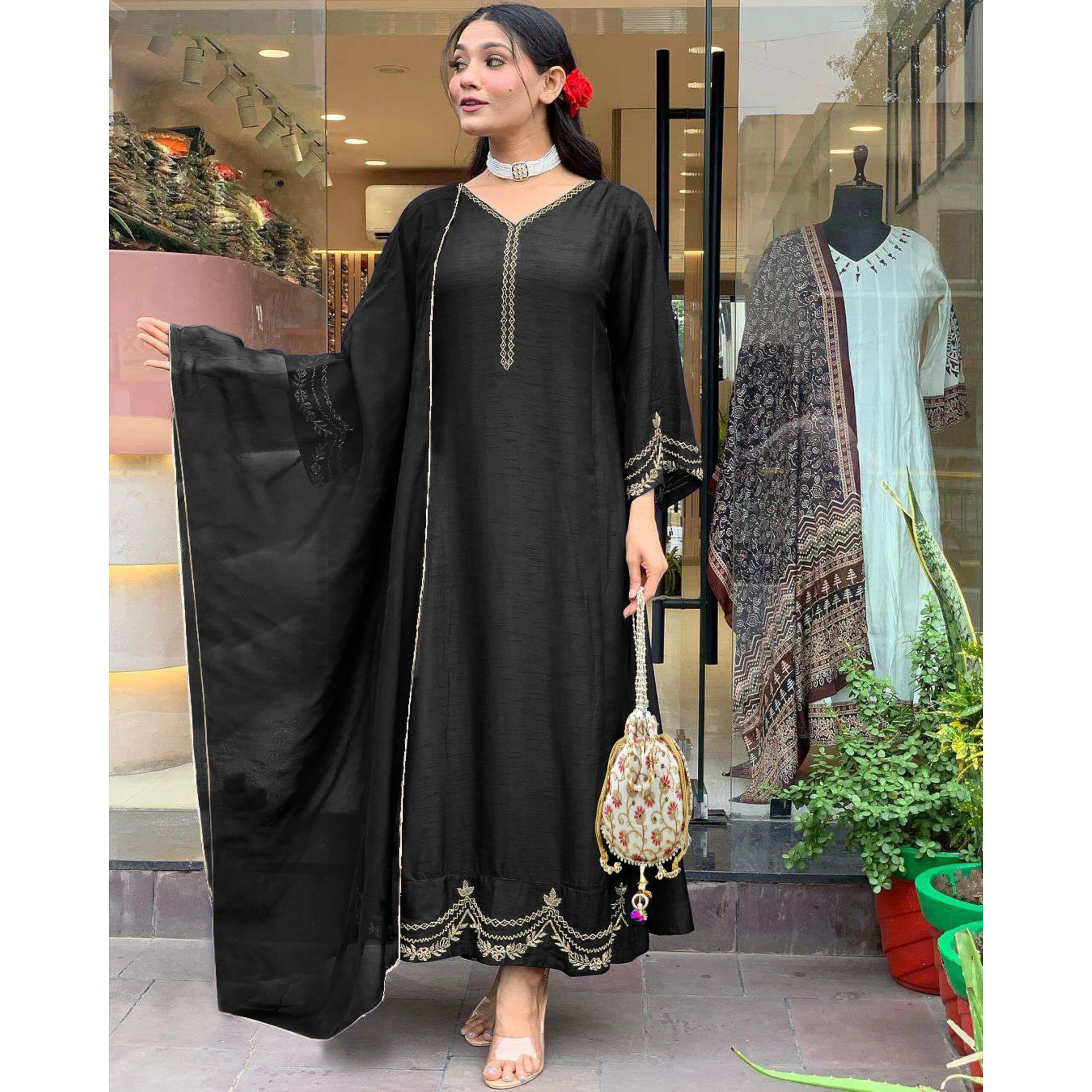 Gosriki Women's Rayon Viscose Anarkali Embroidered Kurta With Pant & Dupatta (Ranibai Black-Gs_S_Black_Small)
