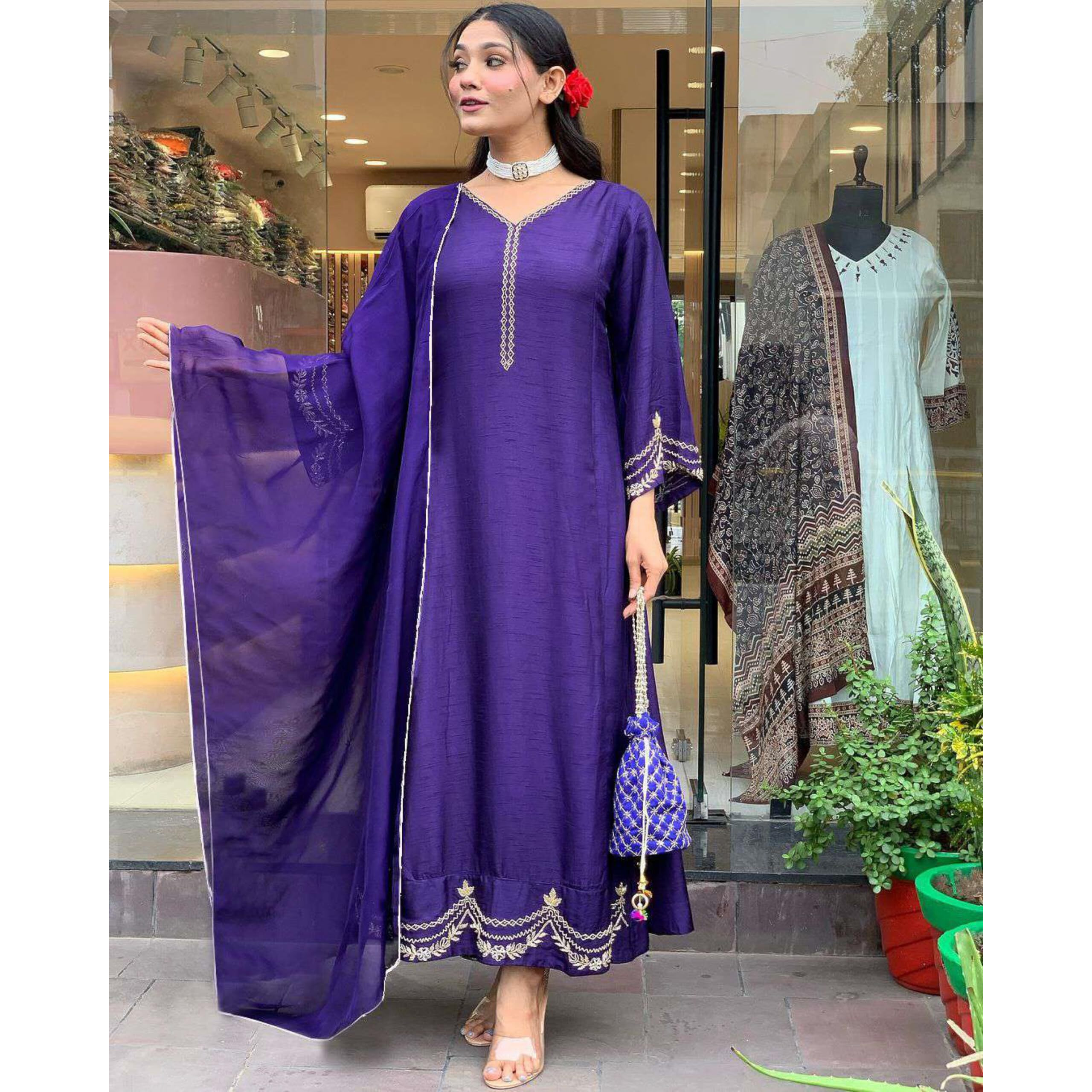 Gosriki Women's Rayon Blend Anarkali Embroidered Kurta With Pant & Dupatta (Ranibai Blue-Gs_S_Blue_Small)