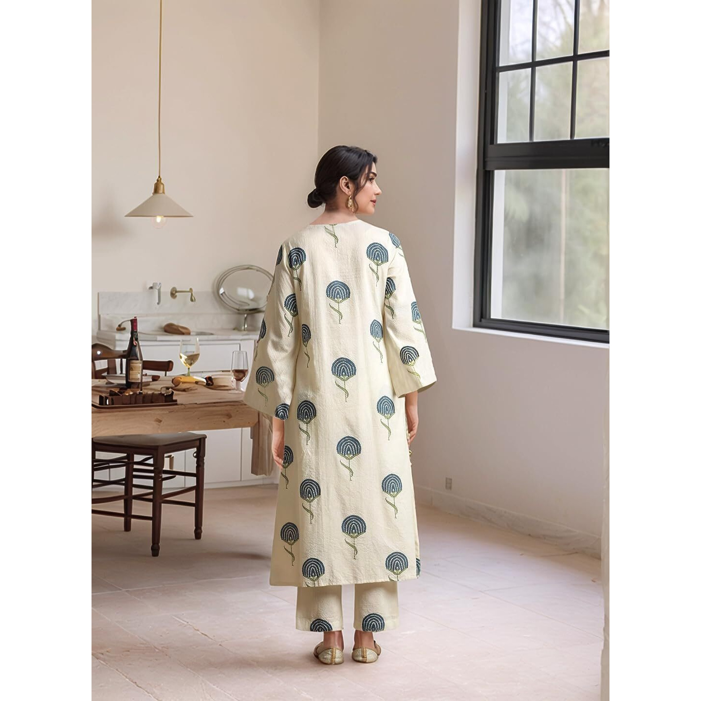 Gosriki Women's Rayon Viscose Printed Straight Kurta With Pant (Janya Cerosin-Vks01-Gs_M_Dark Blue_Medium)