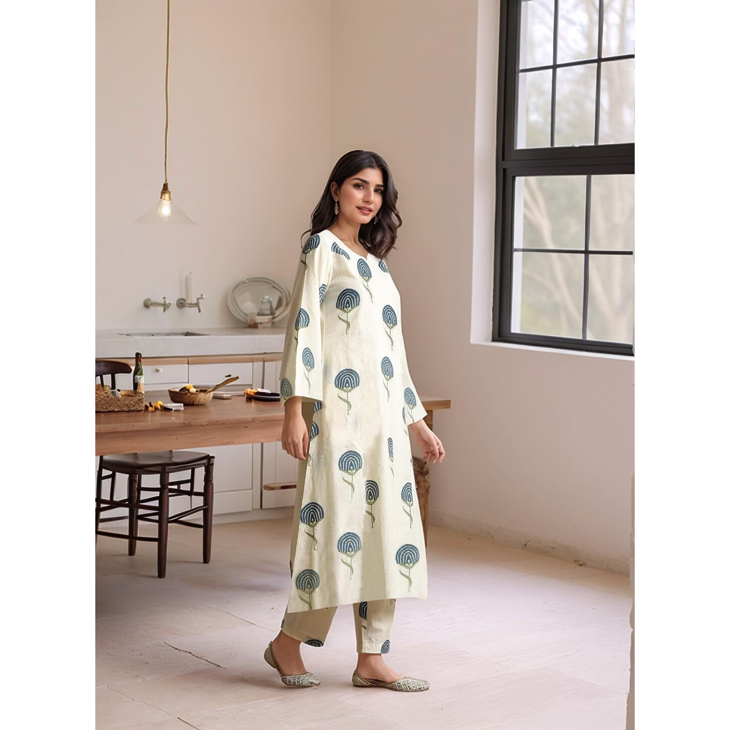 Gosriki Women's Rayon Viscose Printed Straight Kurta With Pant (Janya Cerosin-Vks01-Gs_M_Dark Blue_Medium)