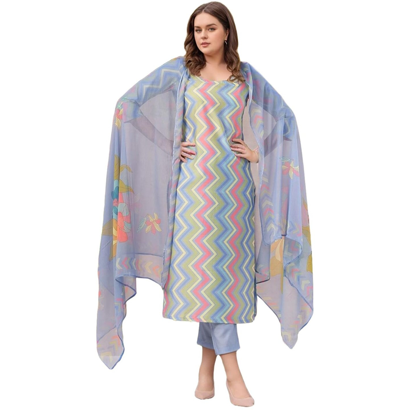 Gosriki Women's Rayon Viscose Straight Printed Kurta With Pant & Dupatta (Zaggu Blue-Vks02-Gs_M_Blue_Medium)