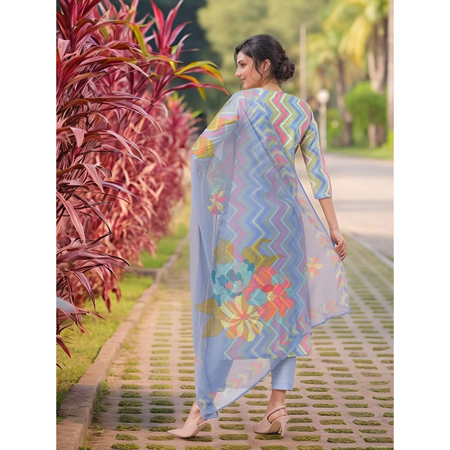 Gosriki Women's Rayon Viscose Straight Printed Kurta With Pant & Dupatta (Zaggu Blue-Vks02-Gs_M_Blue_Medium)