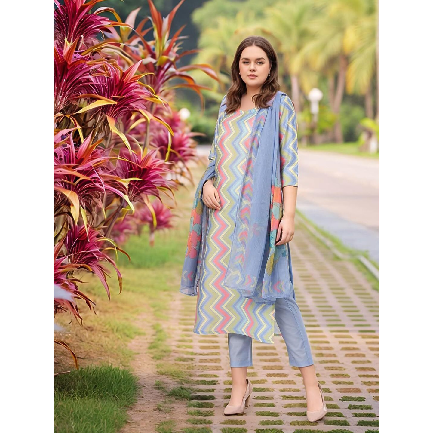 Gosriki Women's Rayon Viscose Straight Printed Kurta With Pant & Dupatta (Zaggu Blue-Vks02-Gs_M_Blue_Medium)