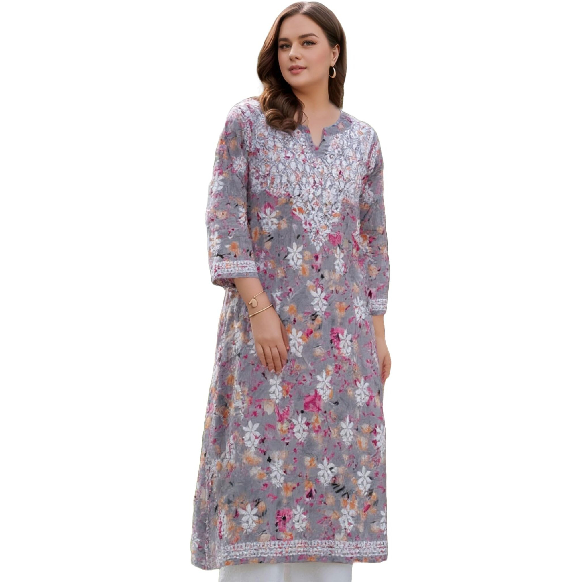Gosriki Women's Rayon Viscose Printed & Chikankari Embroidered Straight Kurta (Kisrup Multi-Vks01-Gs_Xxl_Grey_Xx-Large)