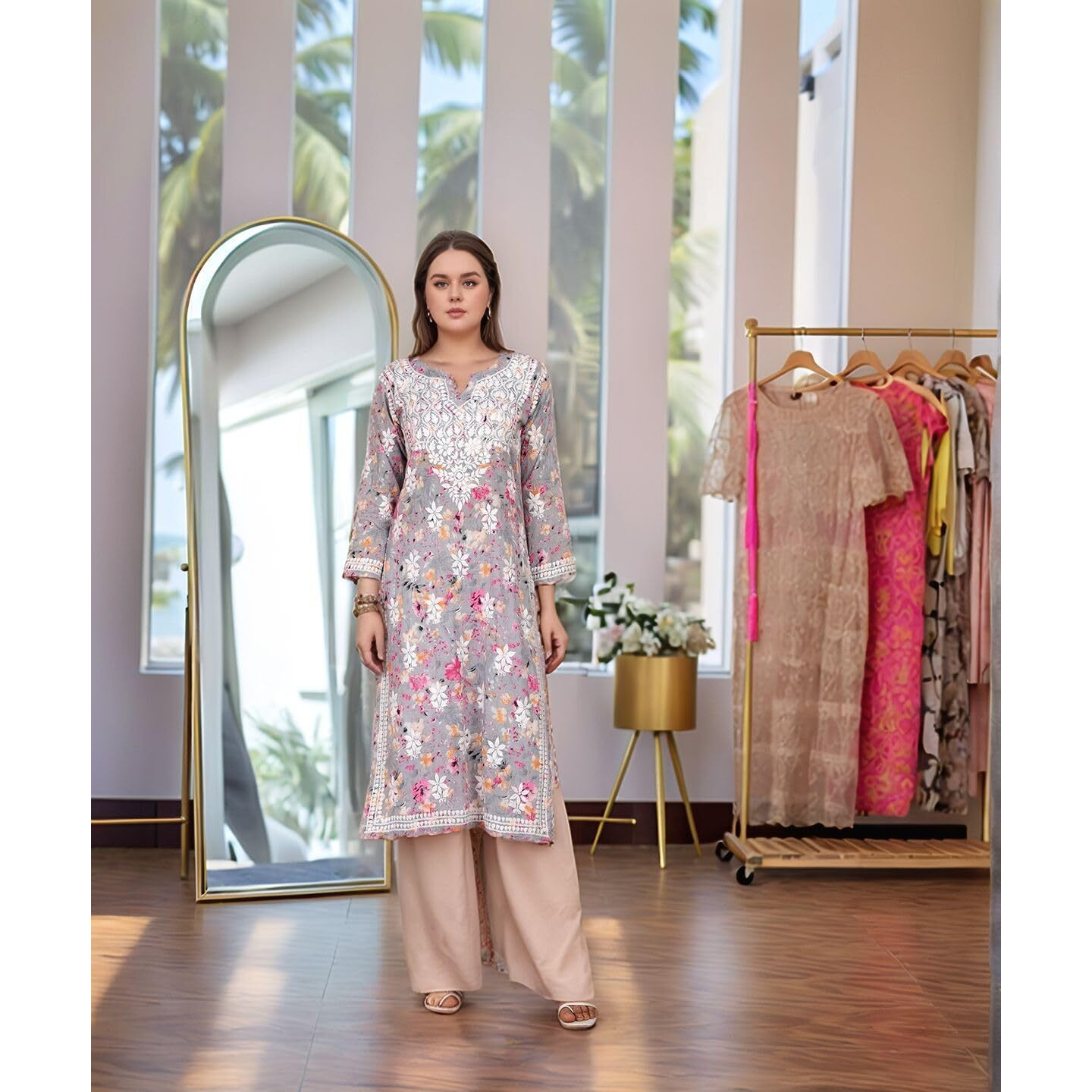 Gosriki Women's Rayon Viscose Printed & Chikankari Embroidered Straight Kurta (Kisrup Multi-Vks01-Gs_Xxl_Grey_Xx-Large)
