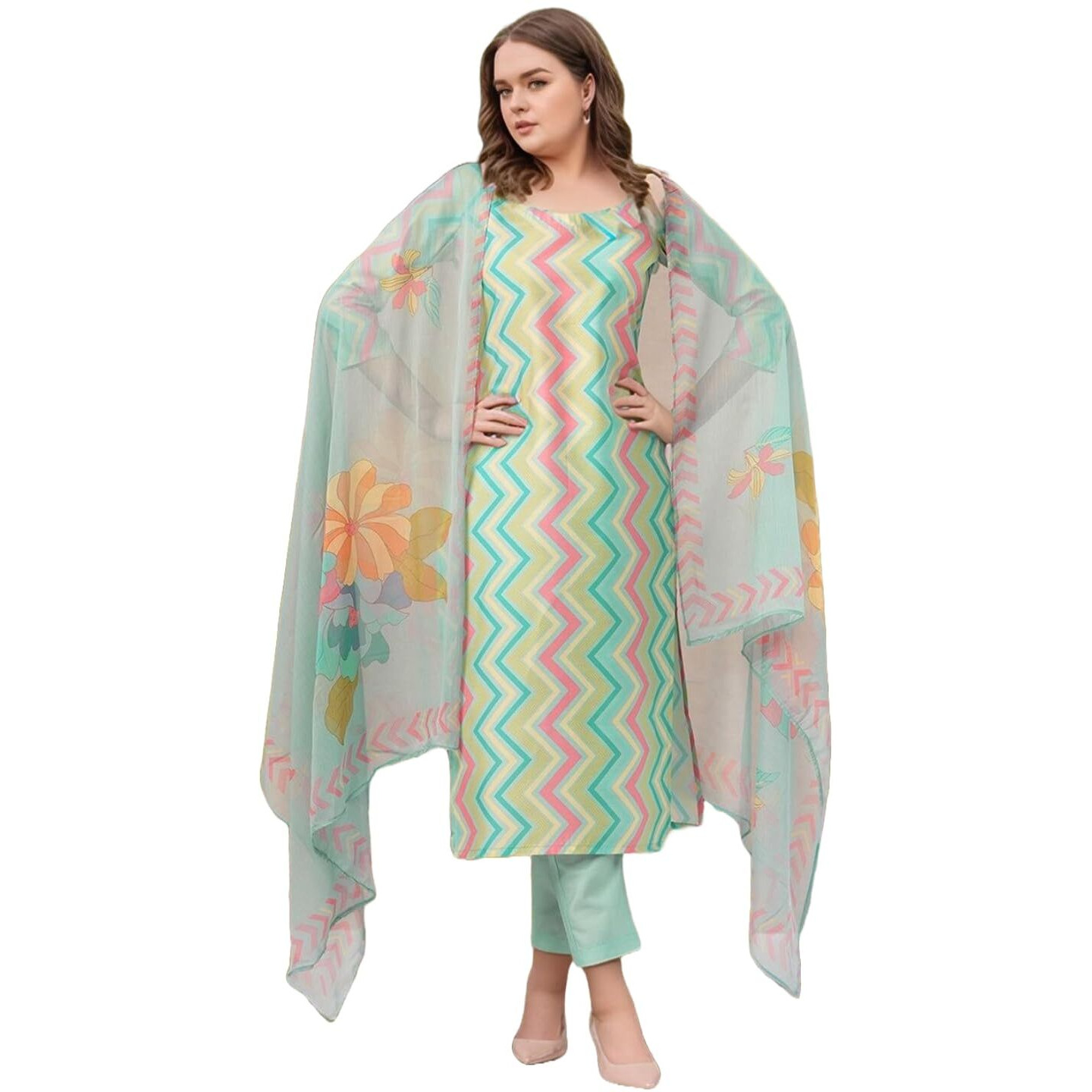 Gosriki Women's Rayon Viscose Straight Printed Kurta With Pant & Dupatta (Zaggu Pista-Vks02-Gs_L_Pista_Large)