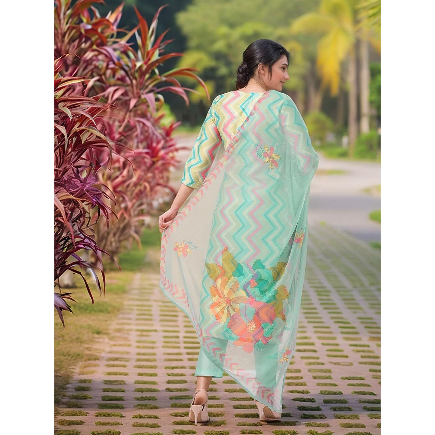 Gosriki Women's Rayon Viscose Straight Printed Kurta With Pant & Dupatta (Zaggu Pista-Vks02-Gs_L_Pista_Large)