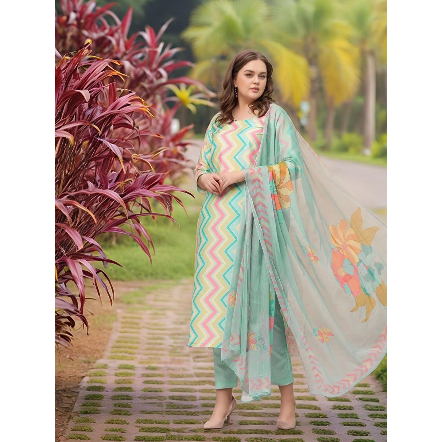 Gosriki Women's Rayon Viscose Straight Printed Kurta With Pant & Dupatta (Zaggu Pista-Vks02-Gs_L_Pista_Large)