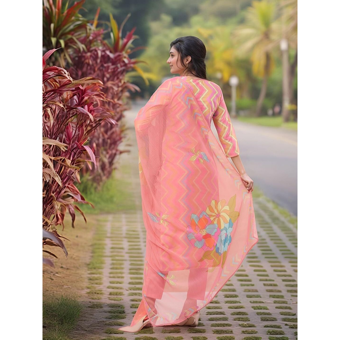 Gosriki Women's Rayon Viscose Straight Printed Kurta With Pant & Dupatta (Zaggu Pink-Vks02-Gs_Xl_Pink_X-Large)