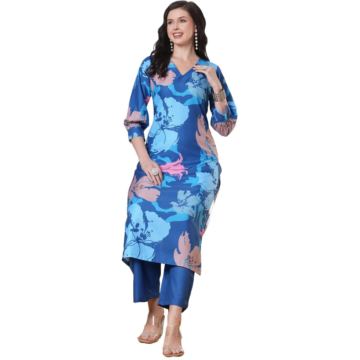 Gosriki Women's Rayon Viscose Straight Printed Kurta With Pant (Kitimat Cerosin-Vks01-Gs_M_Blue_Medium)