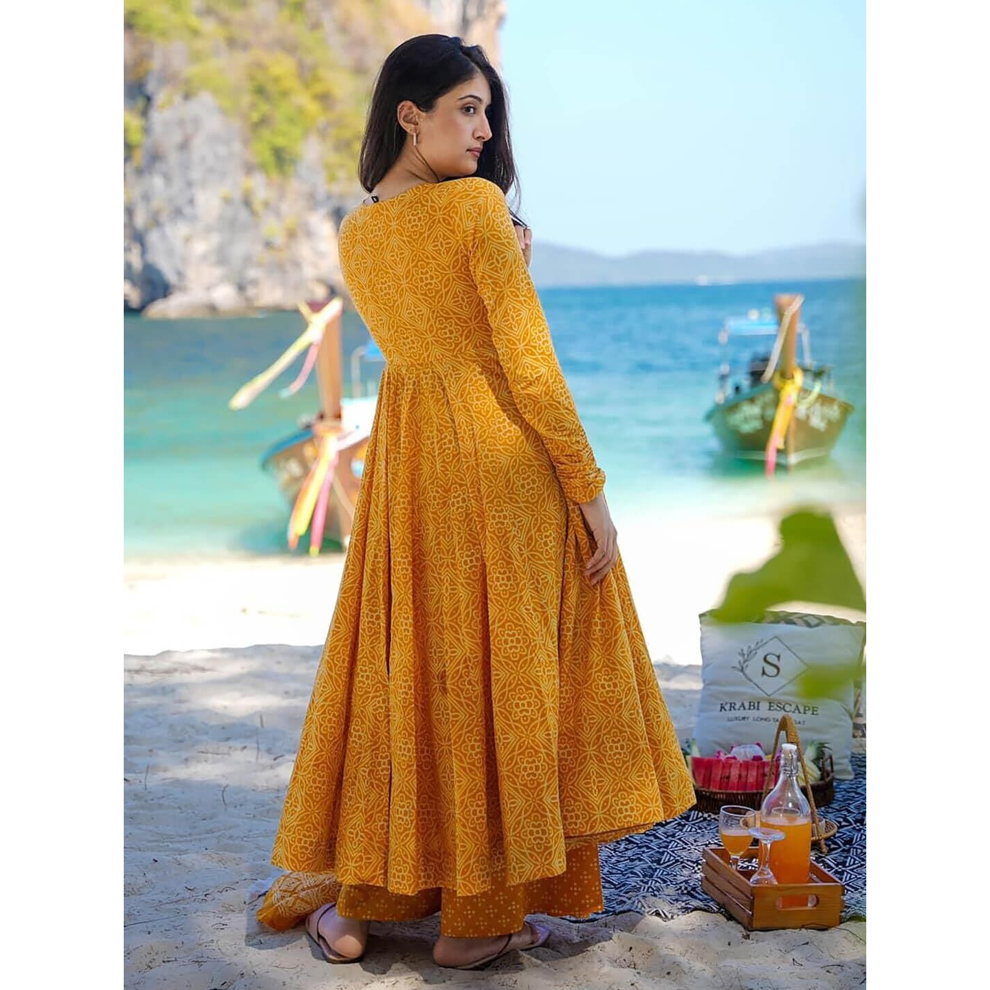 Gosriki Women's Rayon Viscose Anarkali Printed Kurta With Palazzo & Dupatta (Sinners Yellow-Gs_L_Yellow_Large)