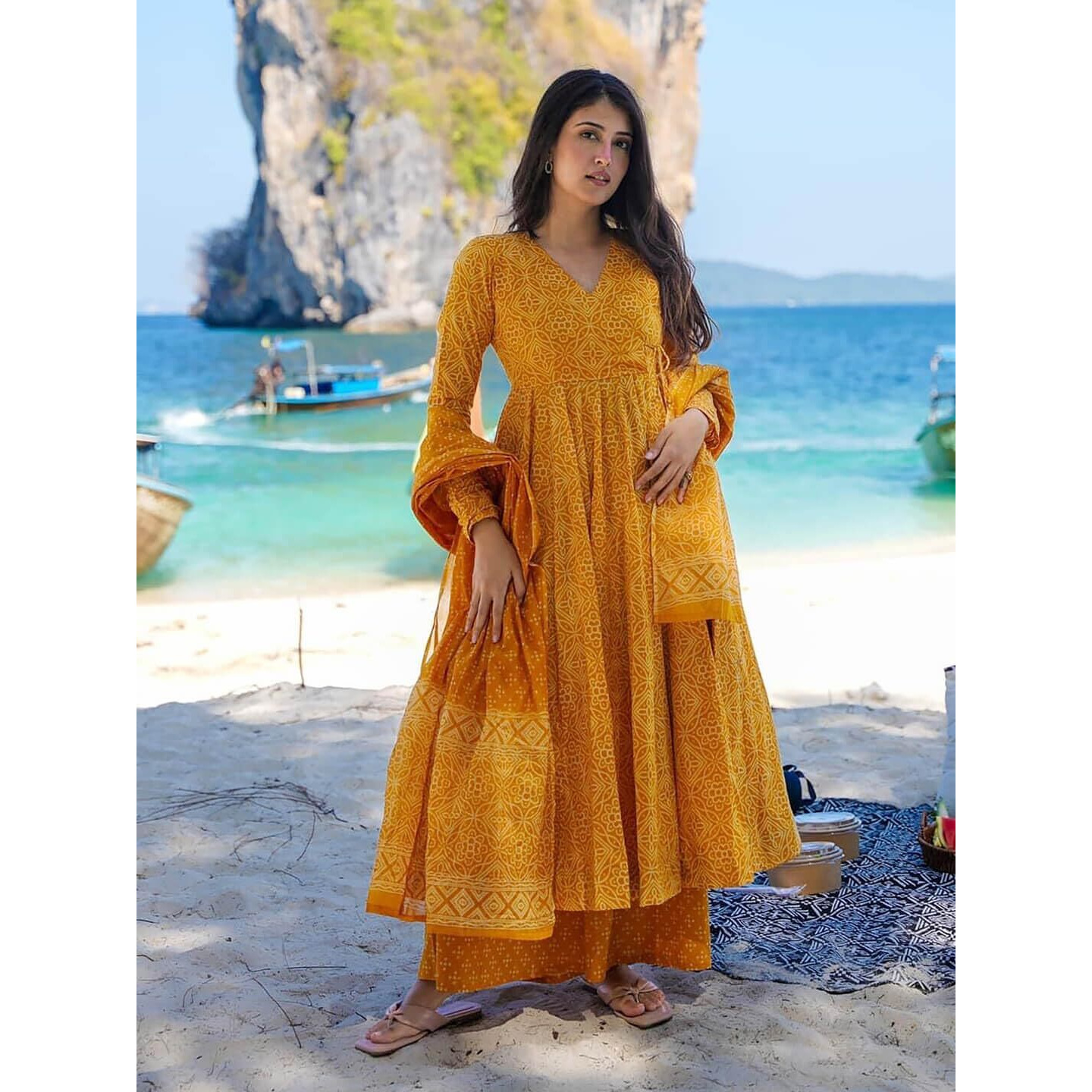 Gosriki Women's Rayon Viscose Anarkali Printed Kurta With Palazzo & Dupatta (Sinners Yellow-Gs_L_Yellow_Large)