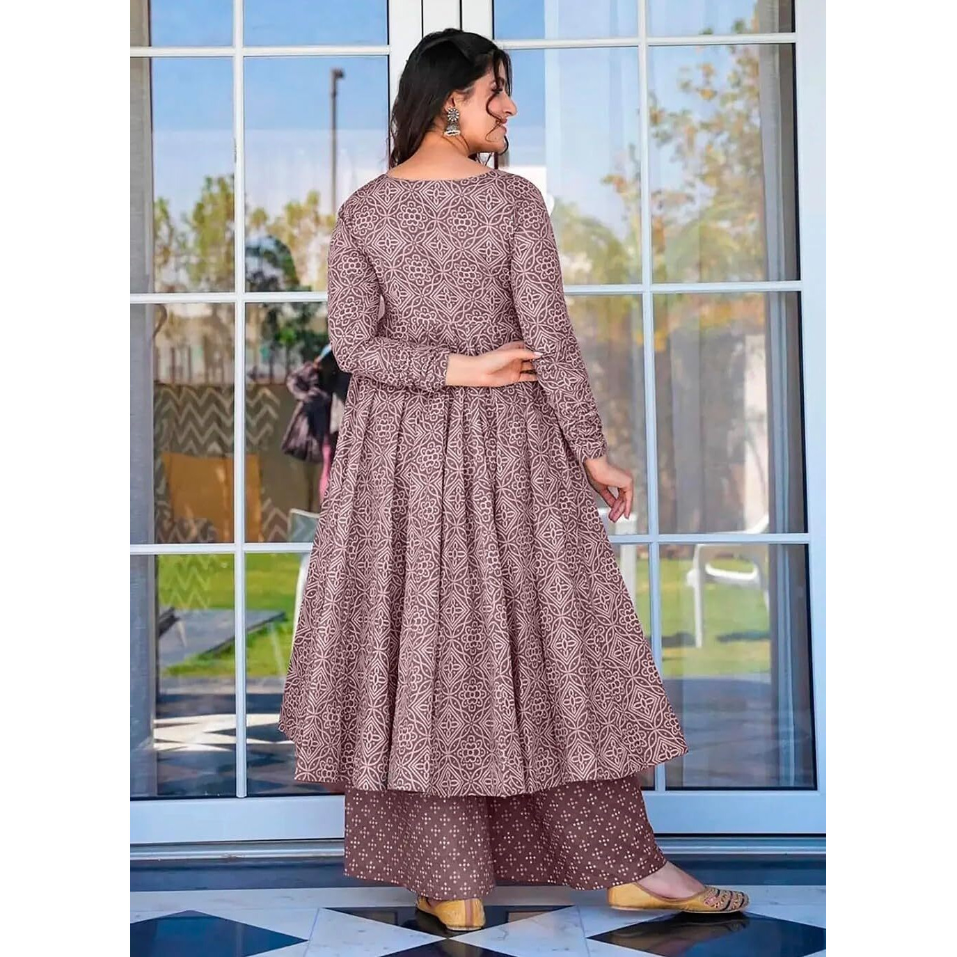 Gosriki Women's Rayon Viscose Anarkali Printed Kurta With Palazzo & Dupatta (Sinners Purple-Gs_M_Purple_Medium)