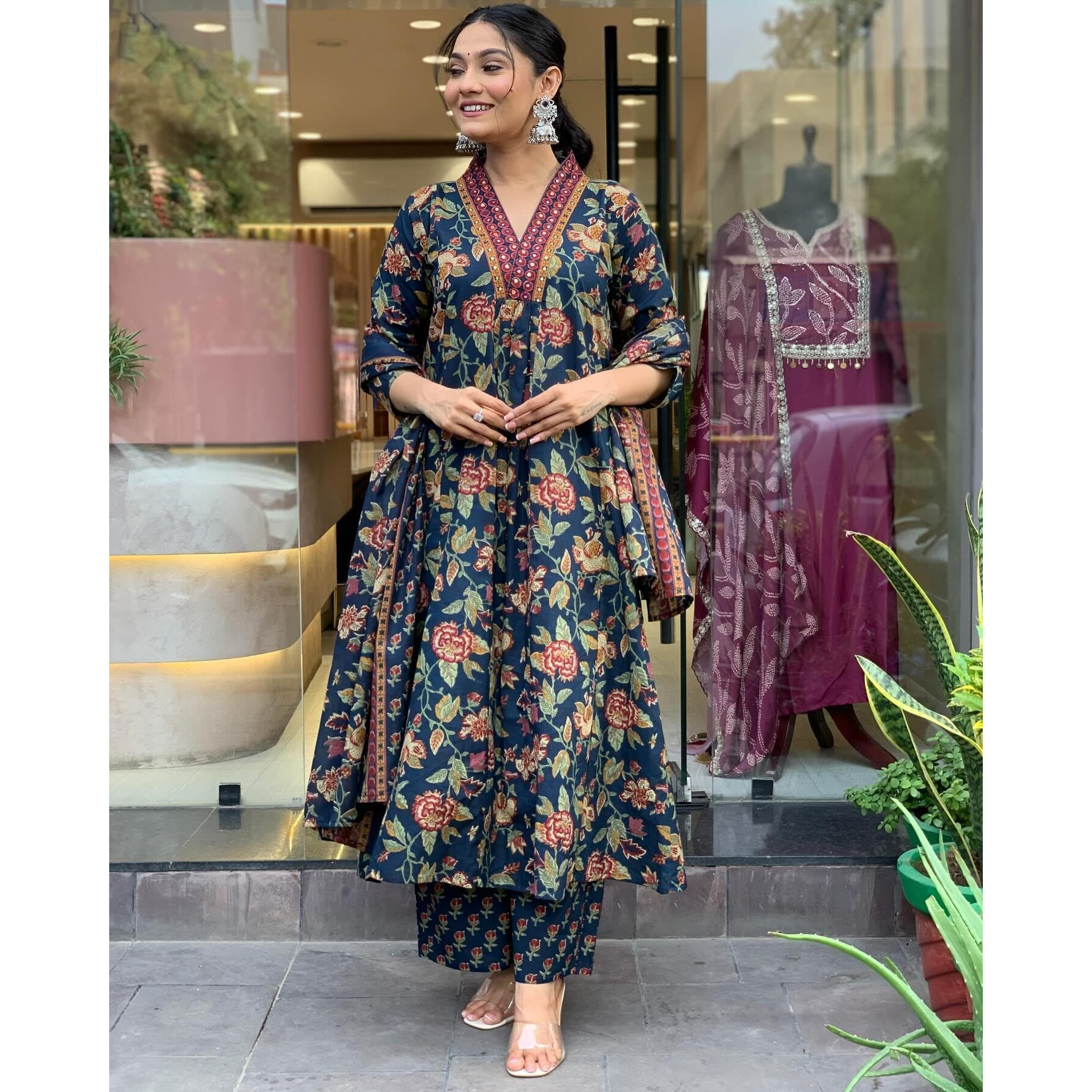 Gosriki Women's Rayon Blend Anarkali Printed Kurta With Palazzo & Dupatta (Cia Blue-Vks01-Gs_4Xl_Blue_Xxxx-Large)