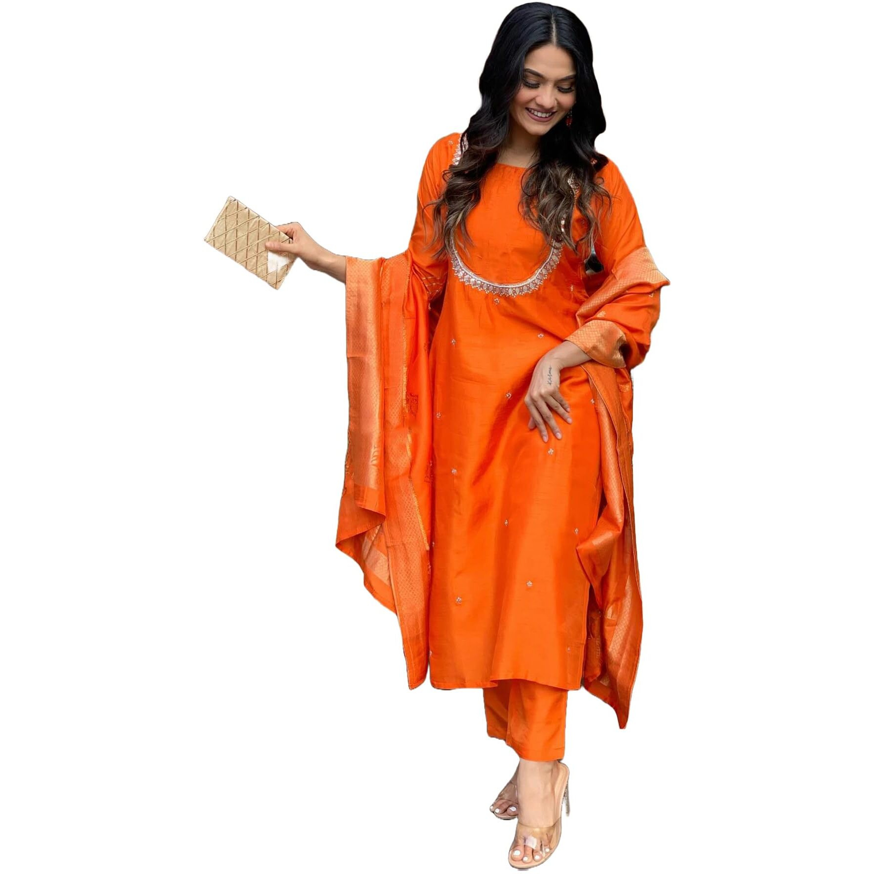 Gosriki Women's Silk Blend Straight Embroidered Kurta With Pant & Dupatta (Deluxe Orange-Gs_M_Orange_Medium)