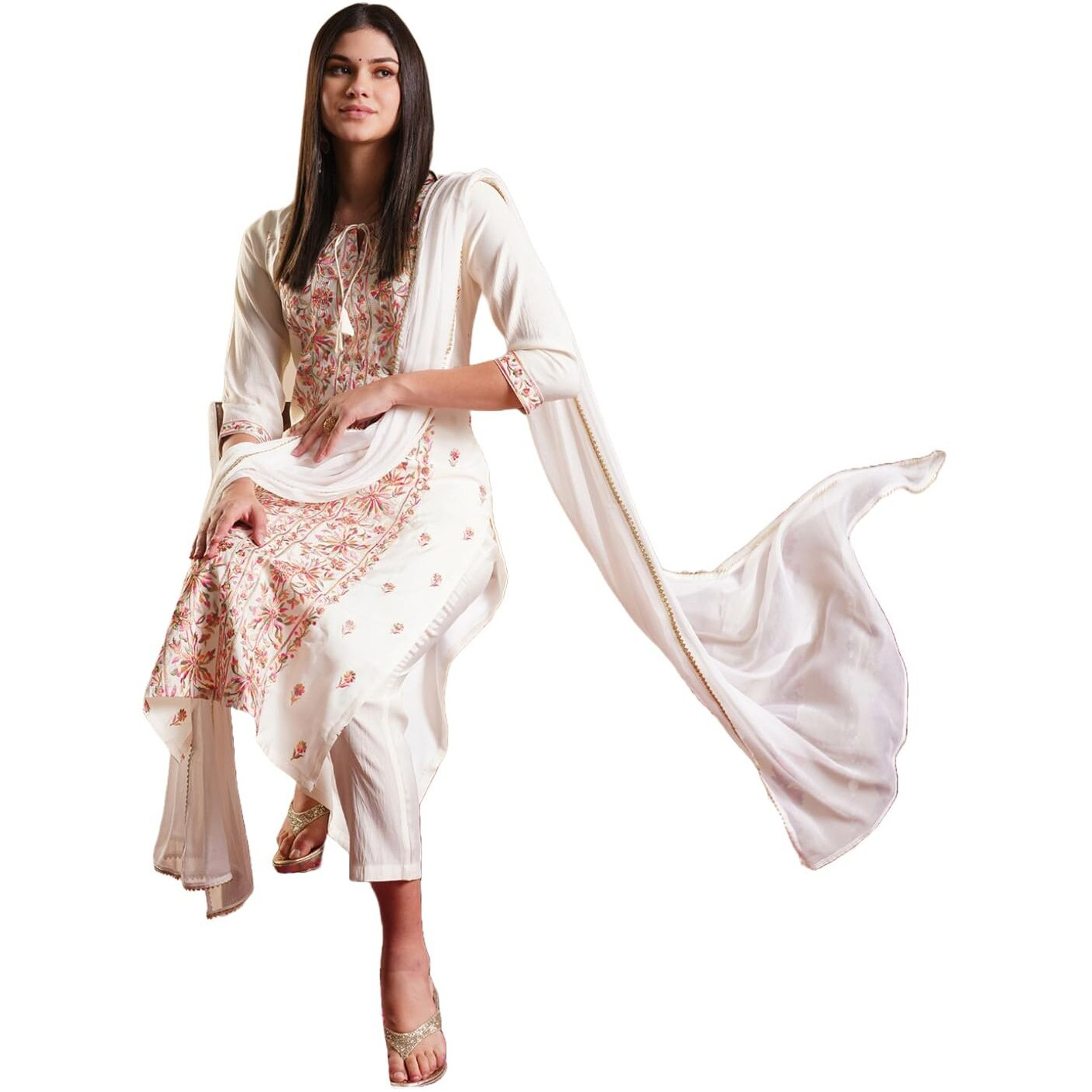 Gosriki Women's Rayon Blend Staright Embroidered Kurta With Pant & Dupatta (Kochi White-Gs_S_White_Small)