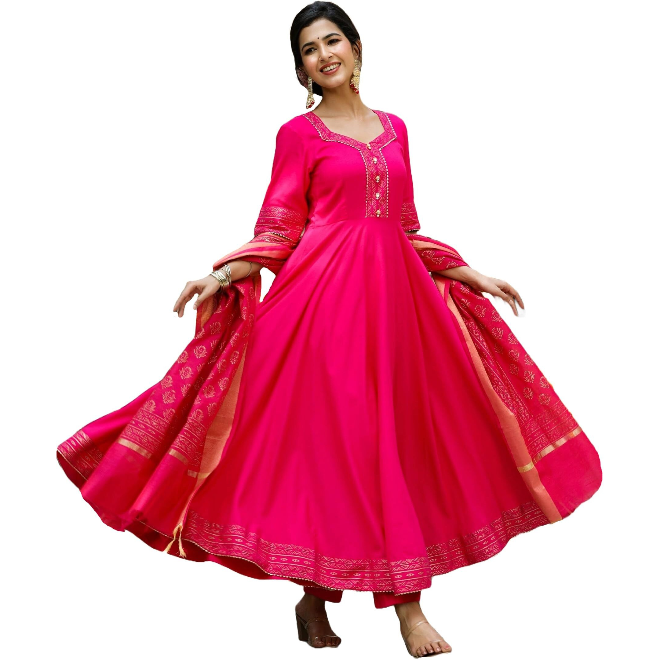 Gosriki Women's Rayon Blend Anarkali Solid Kurta With Pant & Dupatta (Ganpati-Rani-Gs_L_Pink_Large)