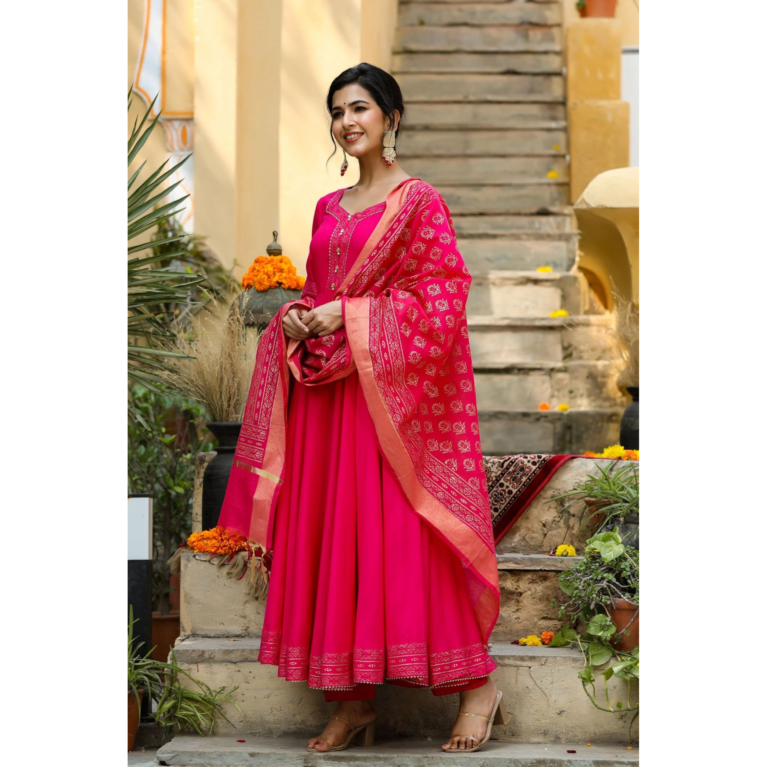 Gosriki Women's Rayon Blend Anarkali Solid Kurta With Pant & Dupatta (Ganpati-Rani-Gs_L_Pink_Large)