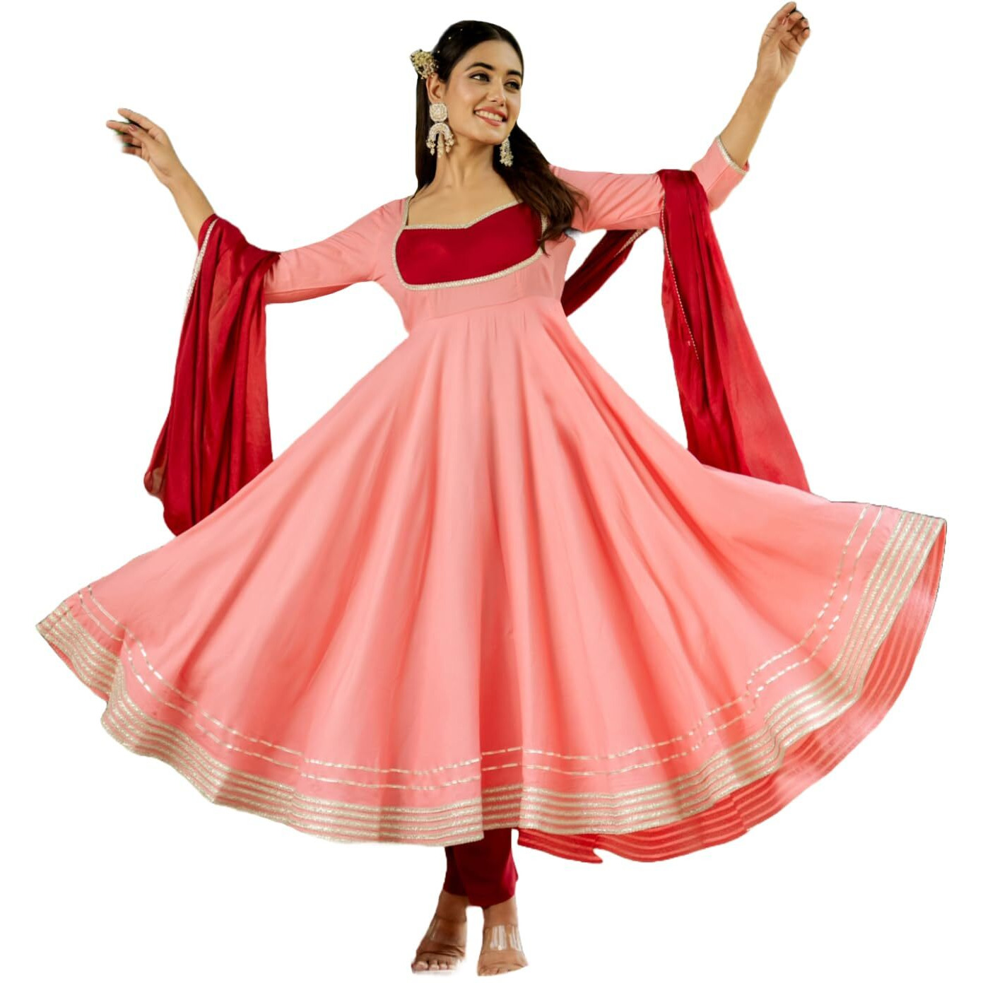 Gosriki Women's Rayon Viscose Solid Anarkali Kurta With Pant & Dupatta (Kuspari Peach-Gs_L_Peach_Large)