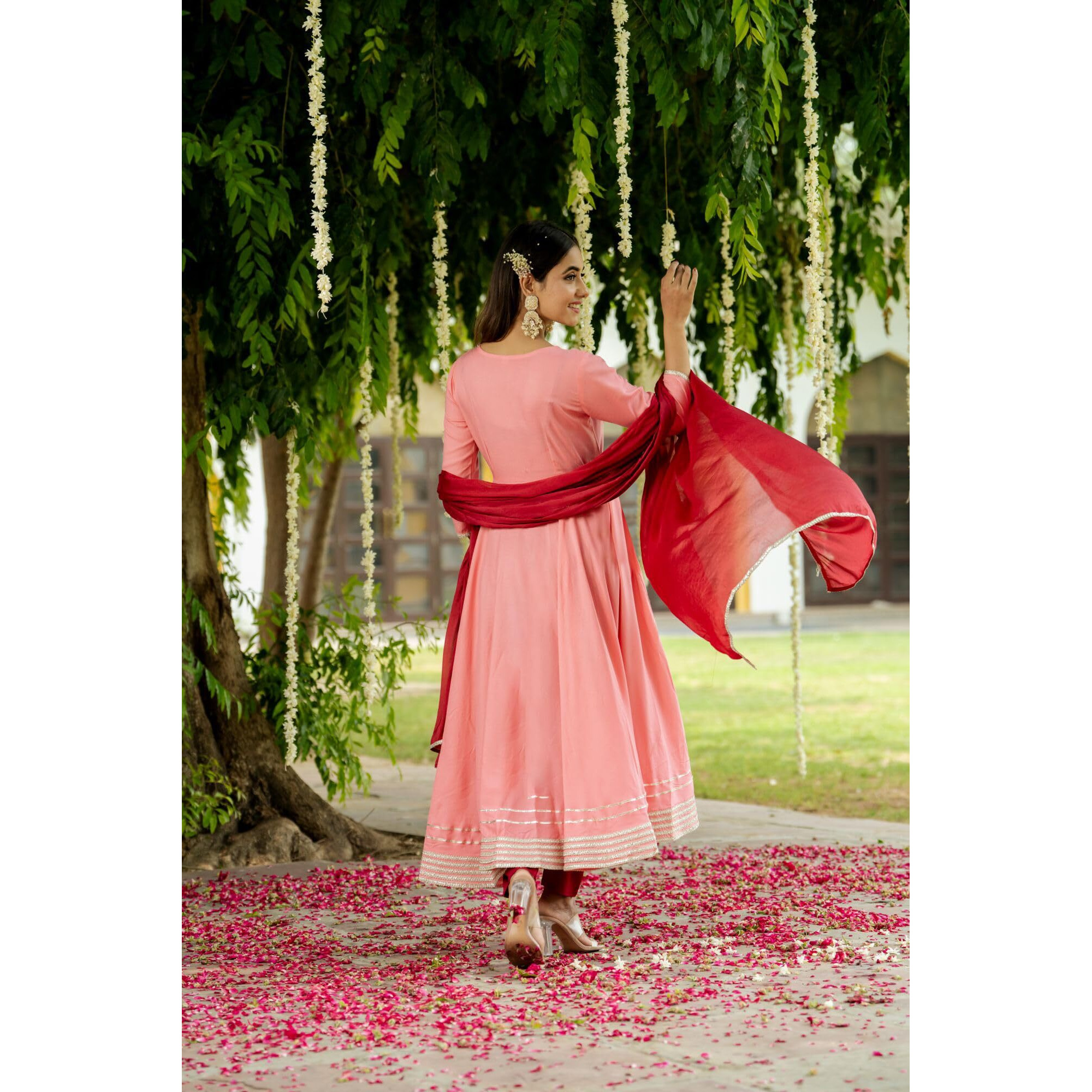 Gosriki Women's Rayon Viscose Solid Anarkali Kurta With Pant & Dupatta (Kuspari Peach-Gs_L_Peach_Large)
