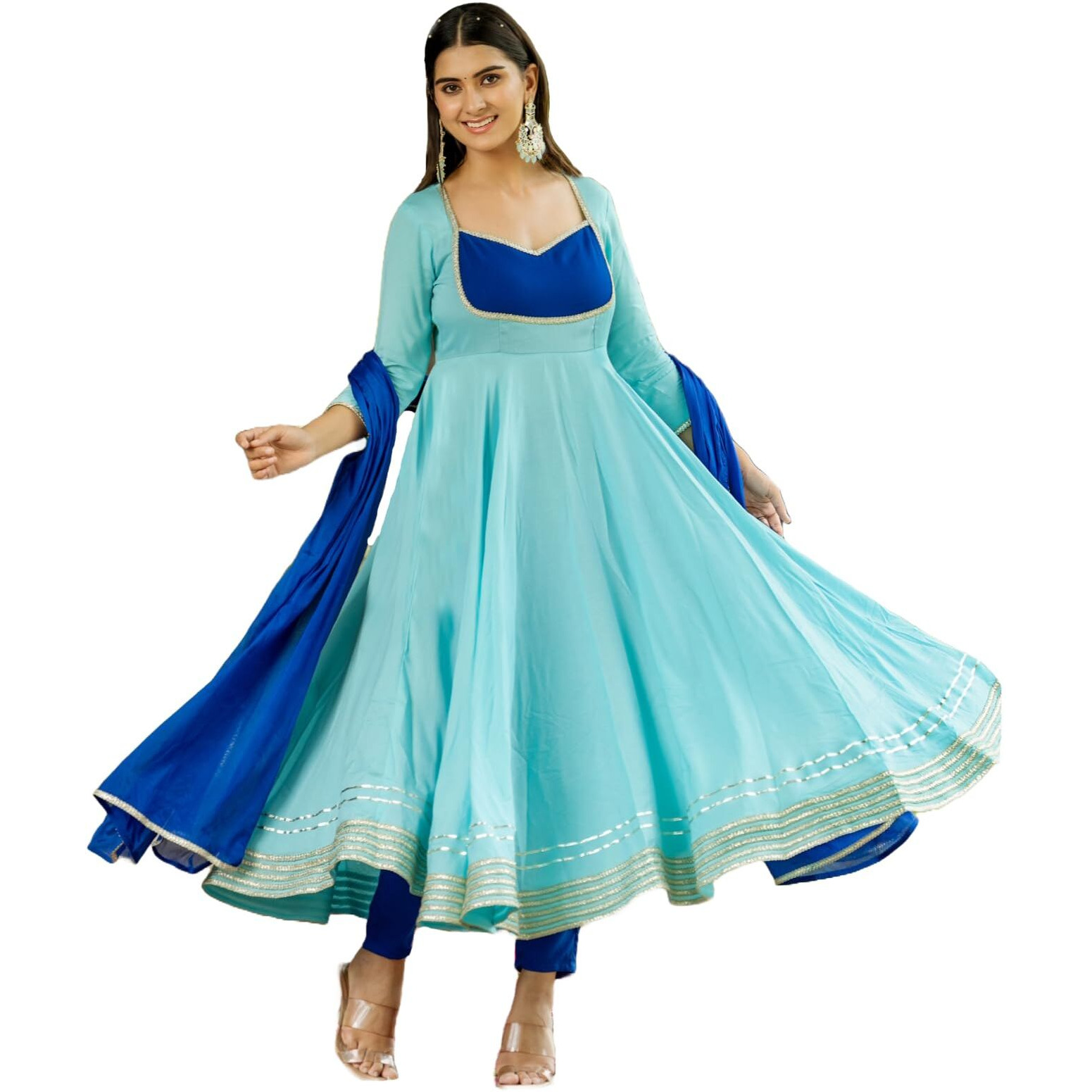 Gosriki Women's Rayon Viscose Solid Anarkali Kurta With Pant & Dupatta (Kuspari Blue-Gs_M_Blue_Medium)