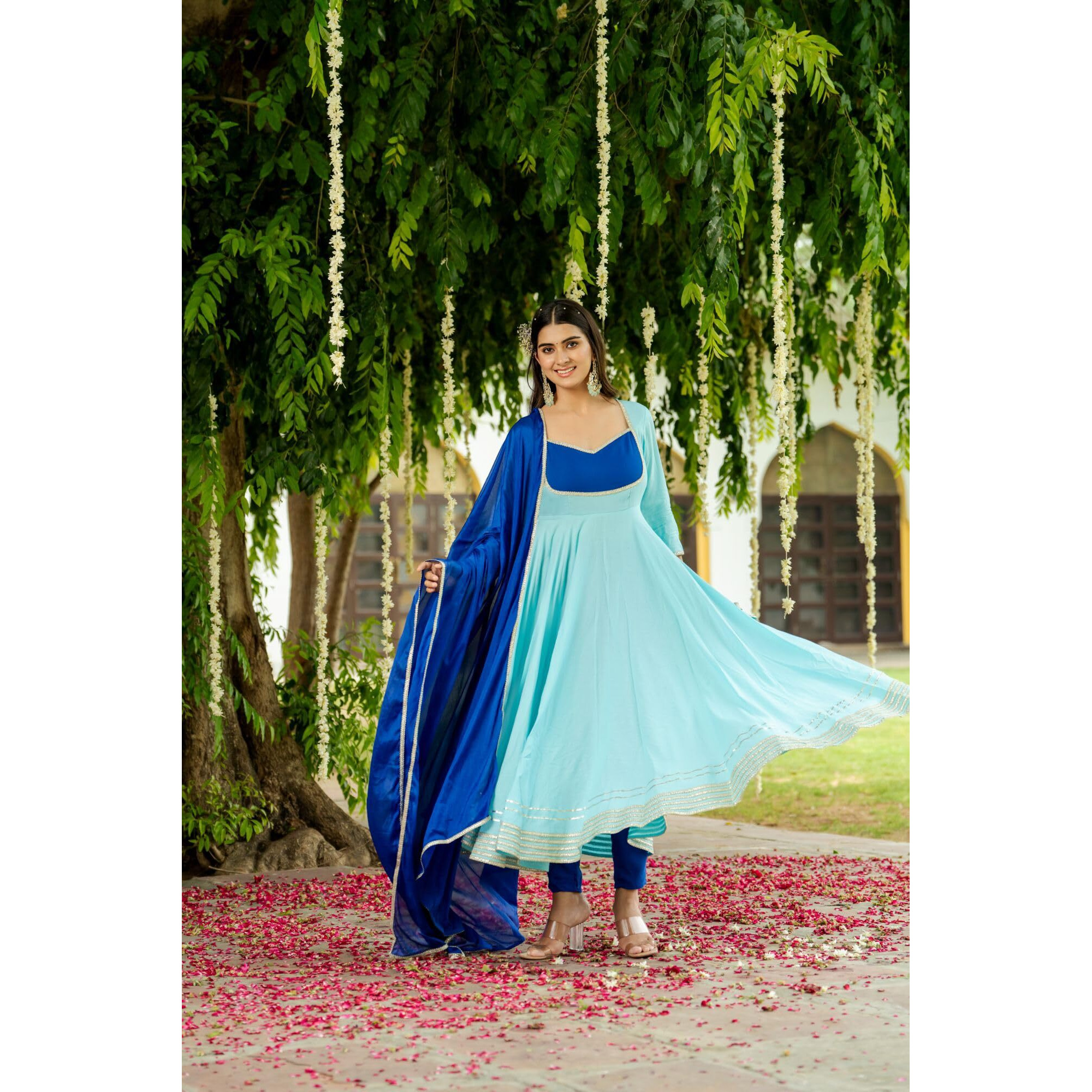 Gosriki Women's Rayon Viscose Solid Anarkali Kurta With Pant & Dupatta (Kuspari Blue-Gs_M_Blue_Medium)