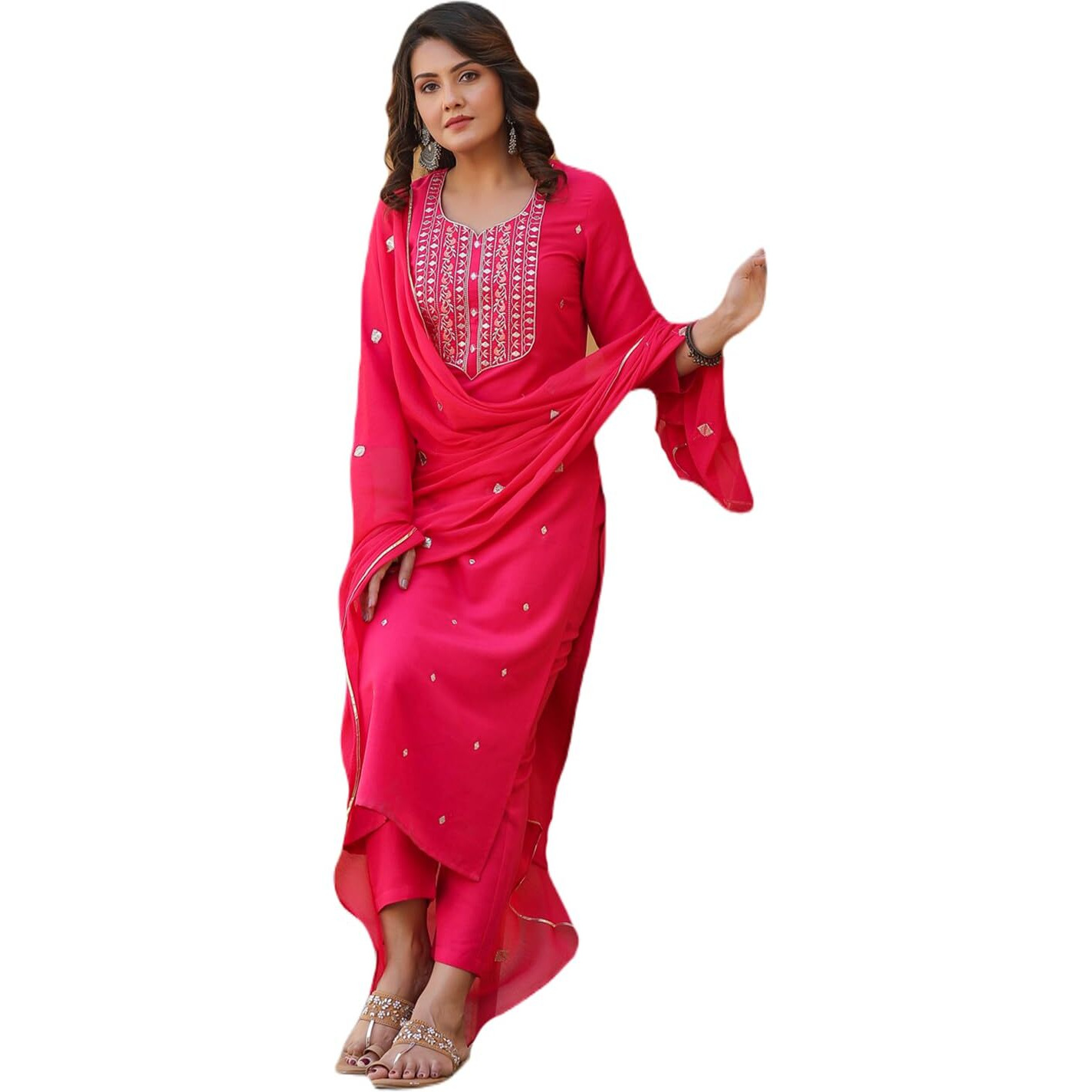 Gosriki Women's Rayon Blend Embroidered Straight Kurta With Pant & Dupatta (Kasturi Pink-Nw-Gs_M_Pink_Medium)