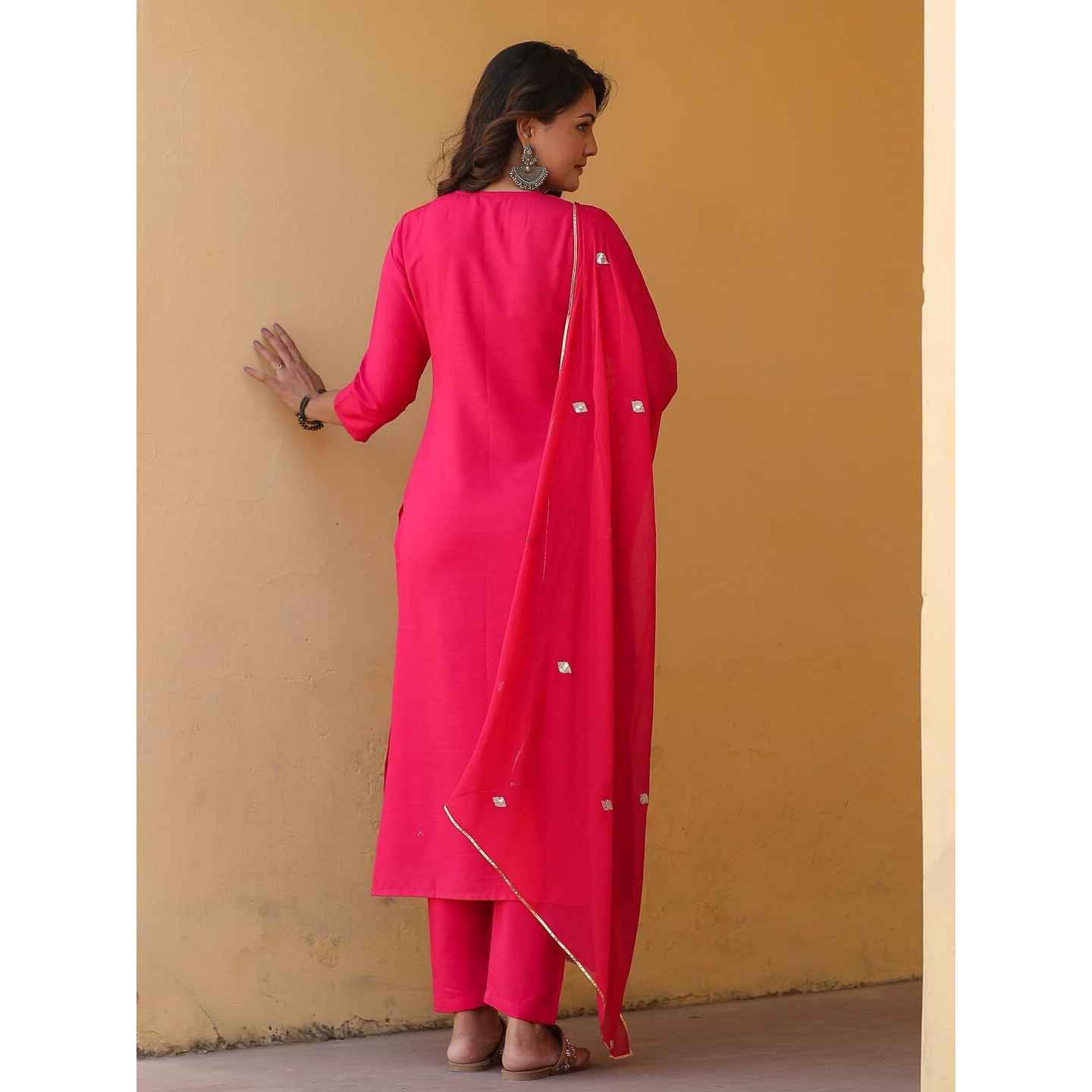 Gosriki Women's Rayon Blend Embroidered Straight Kurta With Pant & Dupatta (Kasturi Pink-Nw-Gs_M_Pink_Medium)