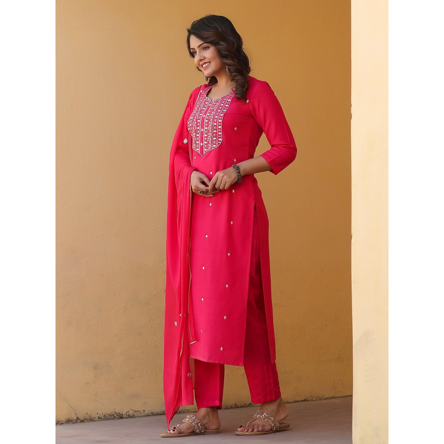 Gosriki Women's Rayon Blend Embroidered Straight Kurta With Pant & Dupatta (Kasturi Pink-Nw-Gs_M_Pink_Medium)