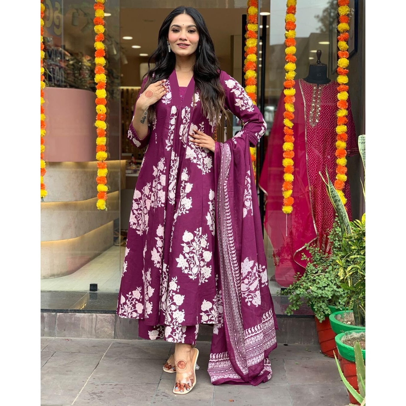 Gosriki Women's Rayon Blend Anarkali Printed Kurta With Pant & Dupatta (Jasiwal Wine-Gs_L_Wine_Large)