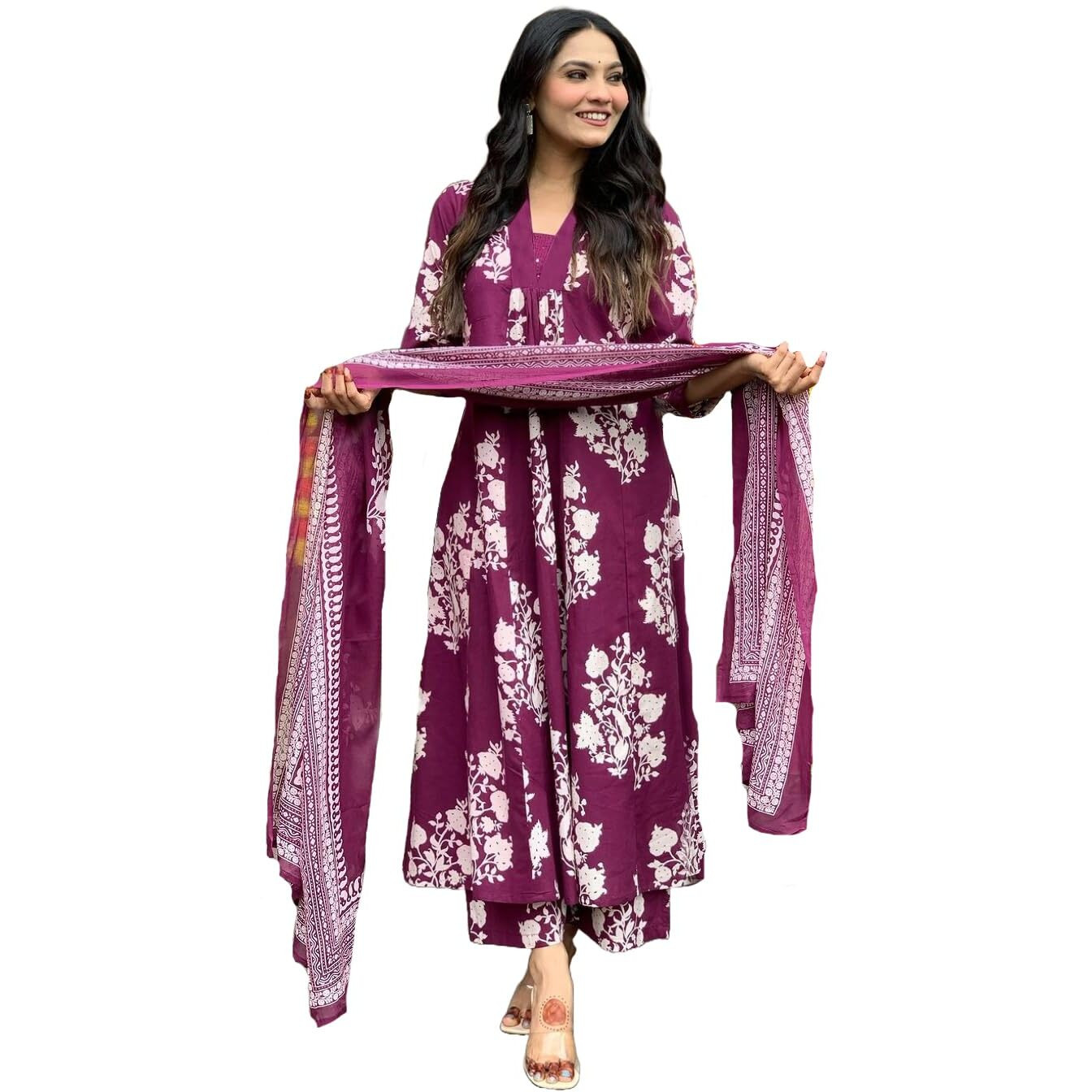 Gosriki Women's Rayon Blend Anarkali Printed Kurta With Pant & Dupatta (Jasiwal Wine-Gs_Xl_Wine_X-Large)