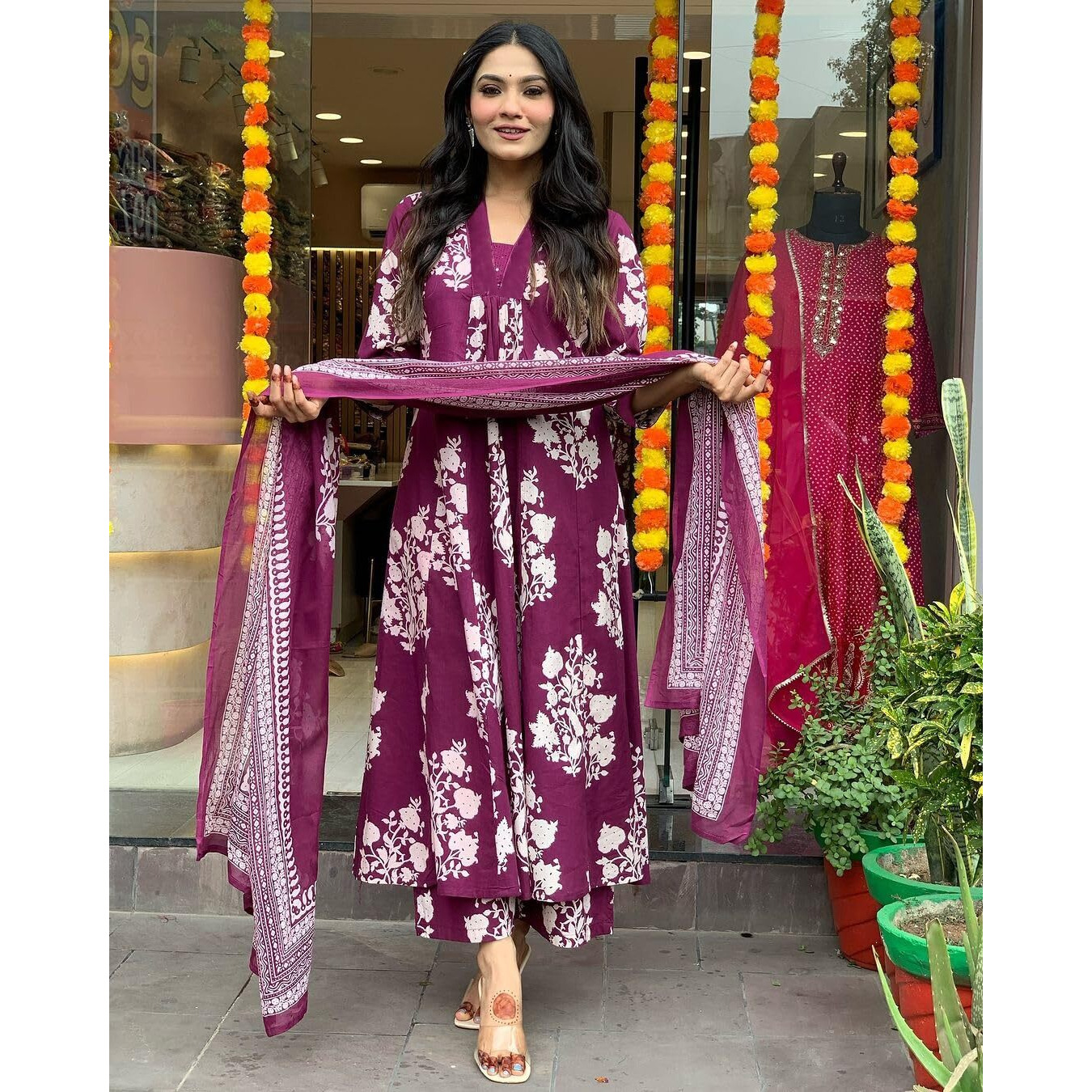 Gosriki Women's Rayon Blend Anarkali Printed Kurta With Pant & Dupatta (Jasiwal Wine-Gs_Xl_Wine_X-Large)