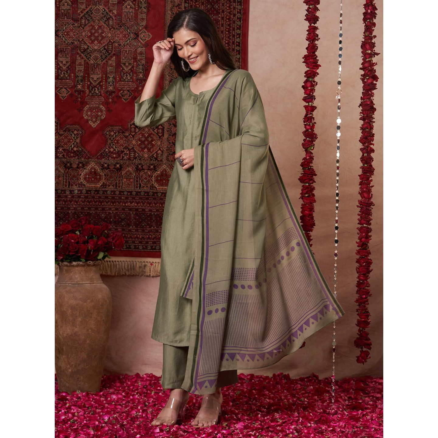 Gosriki Women's Rayon Viscose Solid Straight Kurta With Pant & Dupatta (Raja Saab Green-Vks14-Gs_3Xl_Green_Xxx-Large)