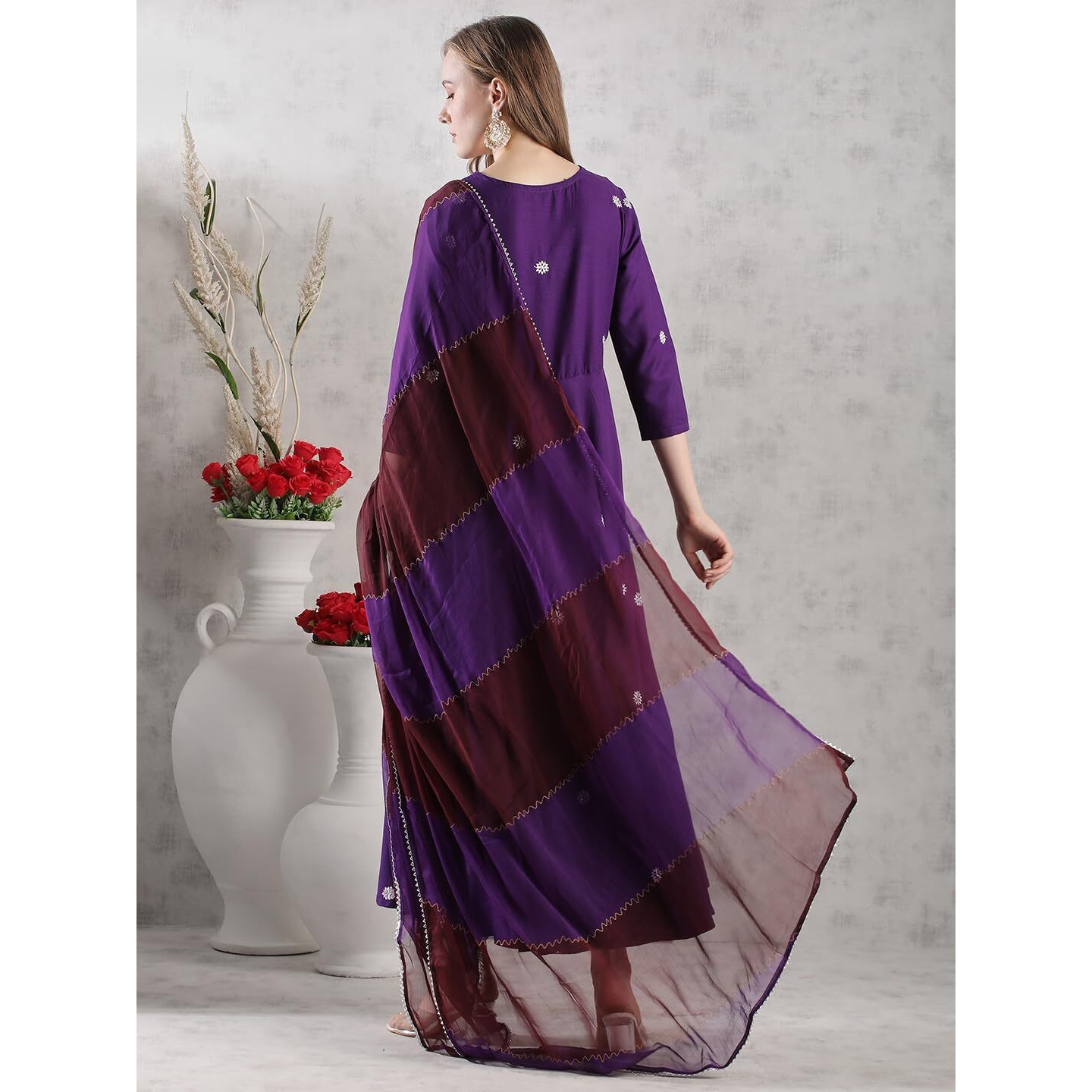 Gosriki Women's Rayon Blend Anarkali Embroidered Kurta With Pant & Dupatta (Gsk-Purple-Vks03-Gs_Xl_Purple_X-Large)