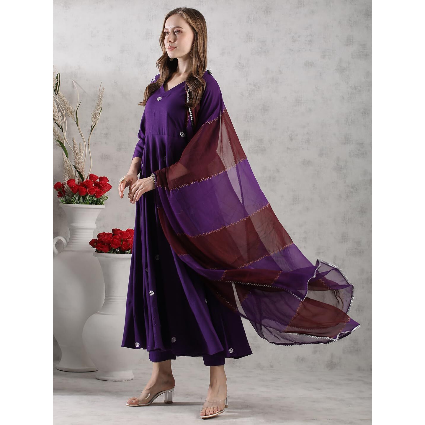 Gosriki Women's Rayon Blend Anarkali Embroidered Kurta With Pant & Dupatta (Gsk-Purple-Vks03-Gs_Xl_Purple_X-Large)