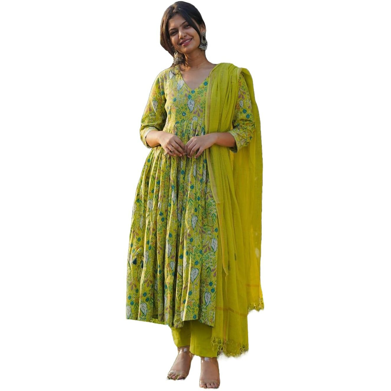 Gosriki Women's Rayon Viscose Printed Anarkali Kurta With Pant & Dupatta (Horizon Green-Gs_S_Green_Small)