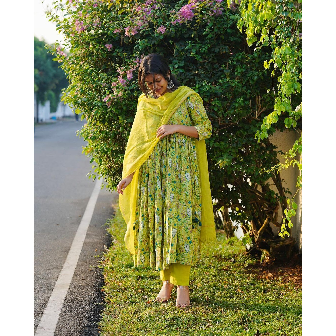 Gosriki Women's Rayon Viscose Printed Anarkali Kurta With Pant & Dupatta (Horizon Green-Gs_S_Green_Small)