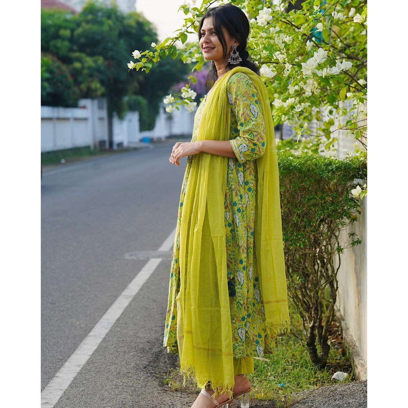 Gosriki Women's Rayon Viscose Printed Anarkali Kurta With Pant & Dupatta (Horizon Green-Gs_S_Green_Small)