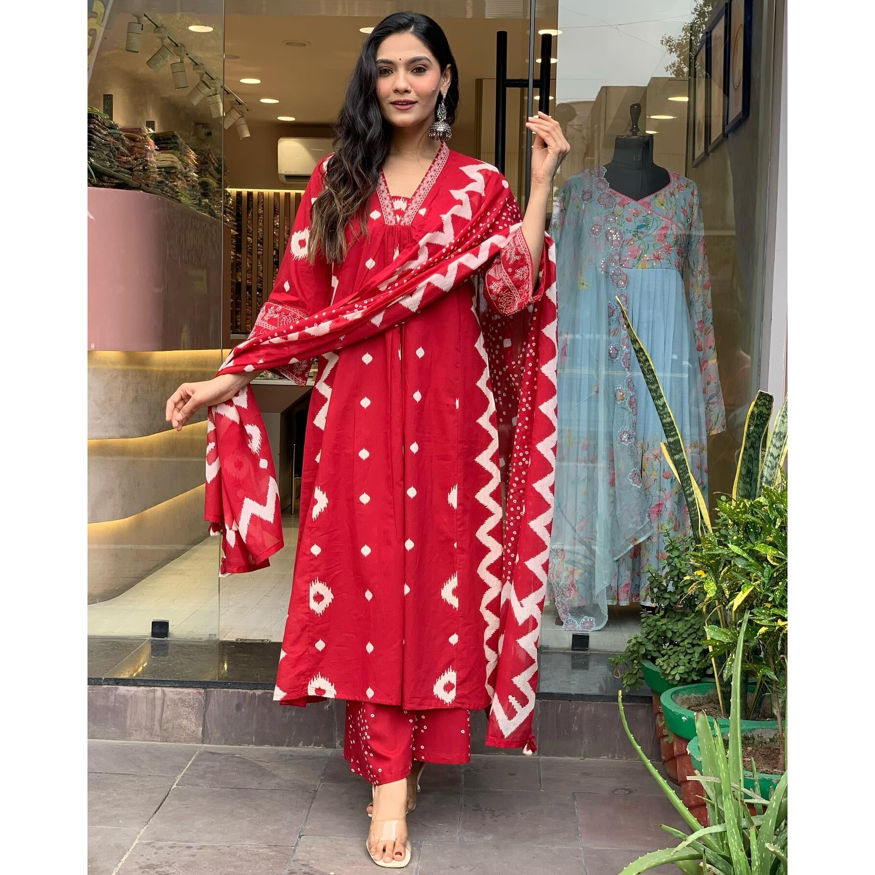 Gosriki Women's Rayon Viscose Printed Anarkali Kurta With Palazzo & Dupatta (Chakrika Red-Gs_Xxl_Red_Xx-Large)