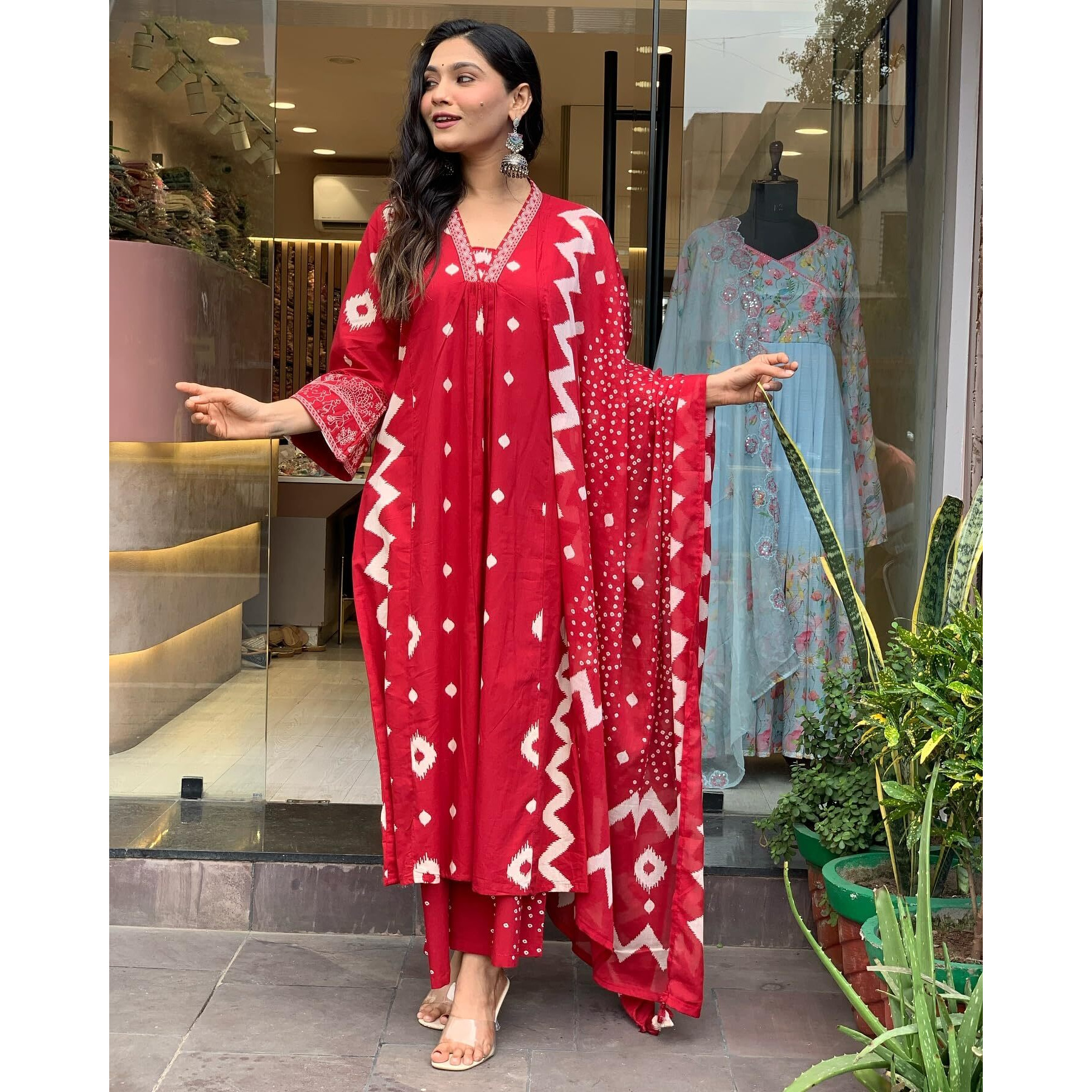 Gosriki Women's Rayon Viscose Printed Anarkali Kurta With Palazzo & Dupatta (Chakrika Red-Gs_Xxl_Red_Xx-Large)