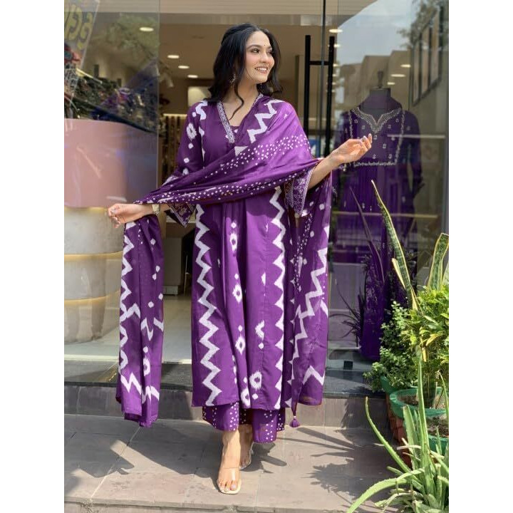 Gosriki Women's Rayon Viscose Printed Anarkali Kurta With Palazzo & Dupatta (Chakrika Purple-Gs_M_Purple_Medium)