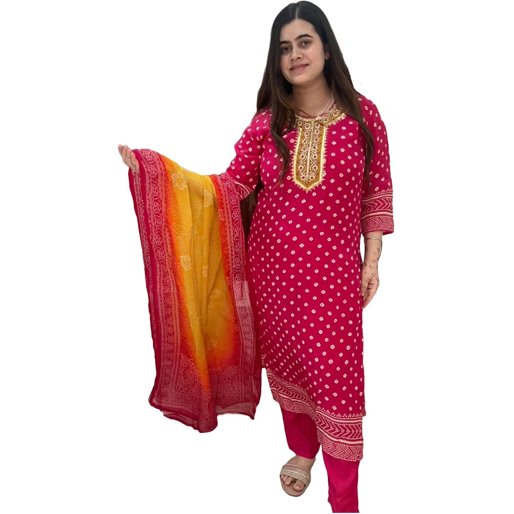 Gosriki Women's Rayon Blend Printed Straight Kurta With Pant & Dupatta (Subhi Pink-Gs_Xxl_Pink_Xx-Large)