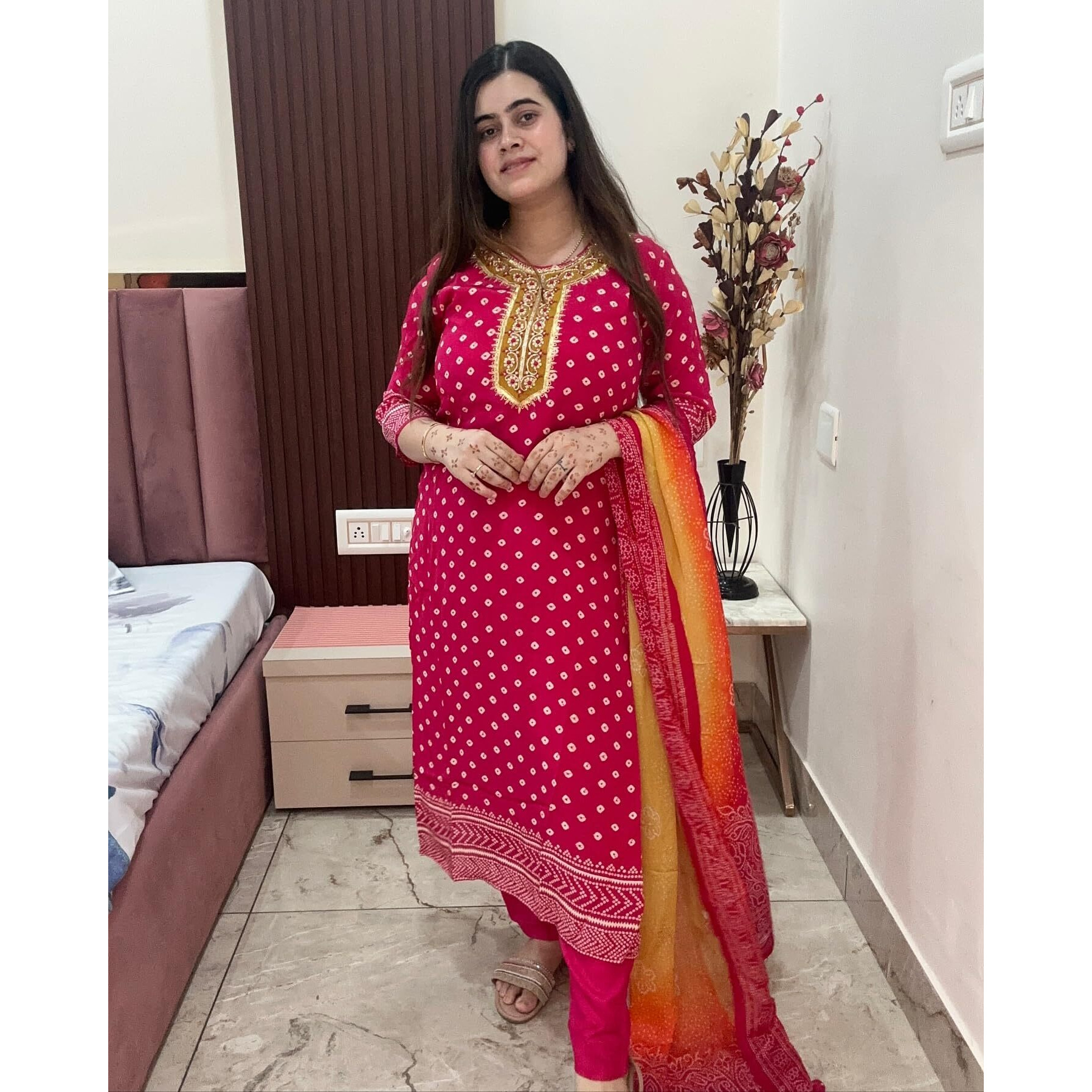 Gosriki Women's Rayon Blend Printed Straight Kurta With Pant & Dupatta (Subhi Pink-Gs_Xxl_Pink_Xx-Large)