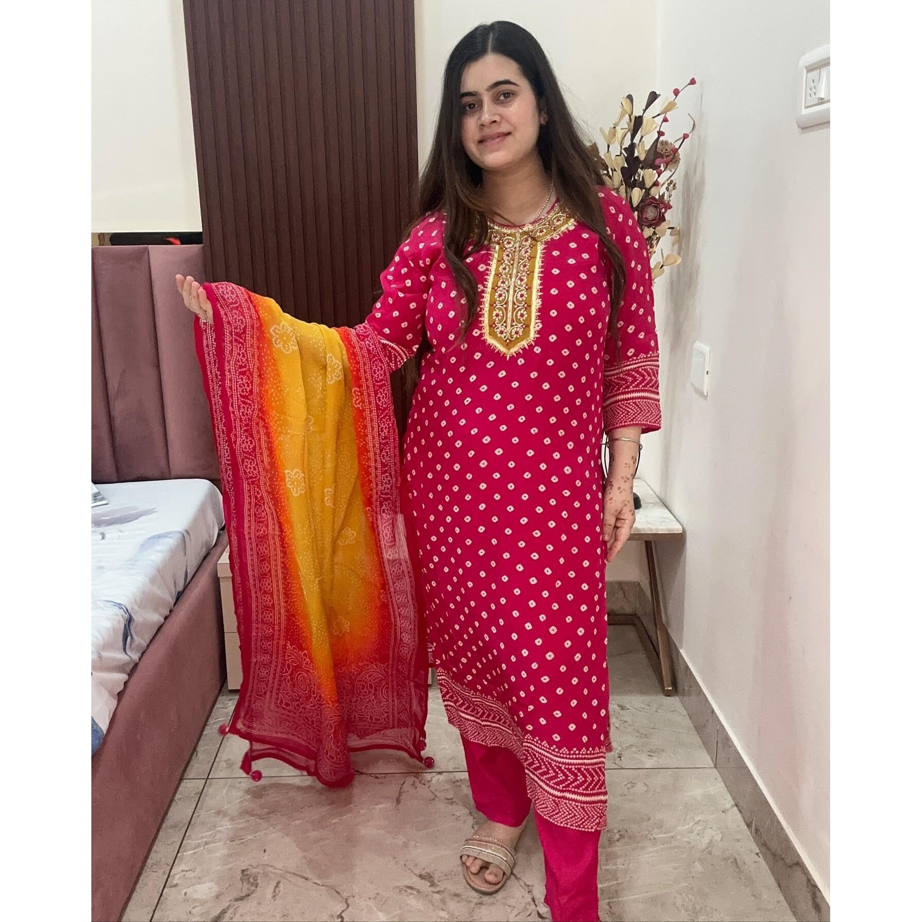 Gosriki Women's Rayon Blend Printed Straight Kurta With Pant & Dupatta (Subhi Pink-Gs_Xxl_Pink_Xx-Large)