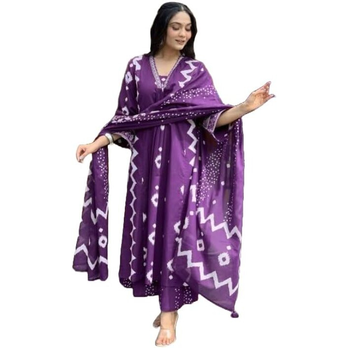 Gosriki Women's Rayon Viscose Printed Anarkali Kurta With Palazzo & Dupatta (Chakrika Purple-Gs_Xxl_Purple_Xx-Large)