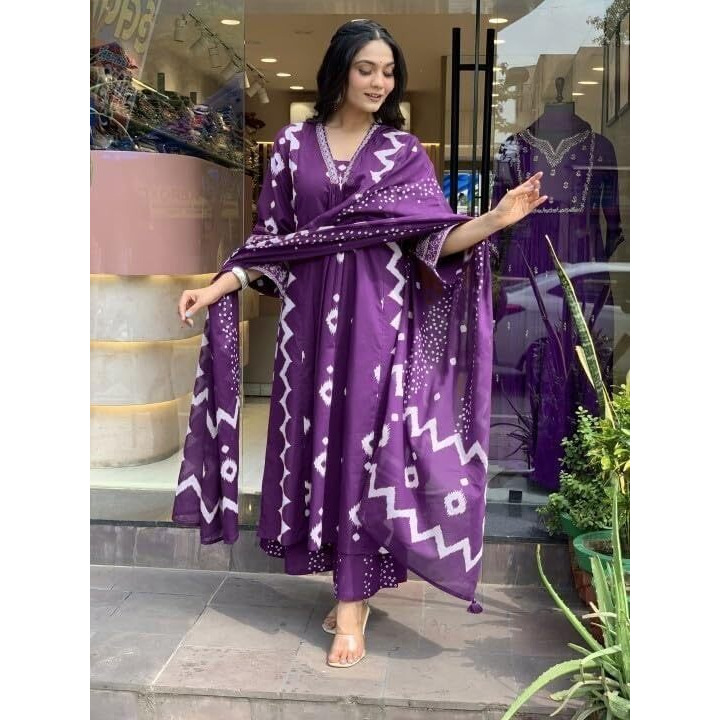 Gosriki Women's Rayon Viscose Printed Anarkali Kurta With Palazzo & Dupatta (Chakrika Purple-Gs_Xxl_Purple_Xx-Large)