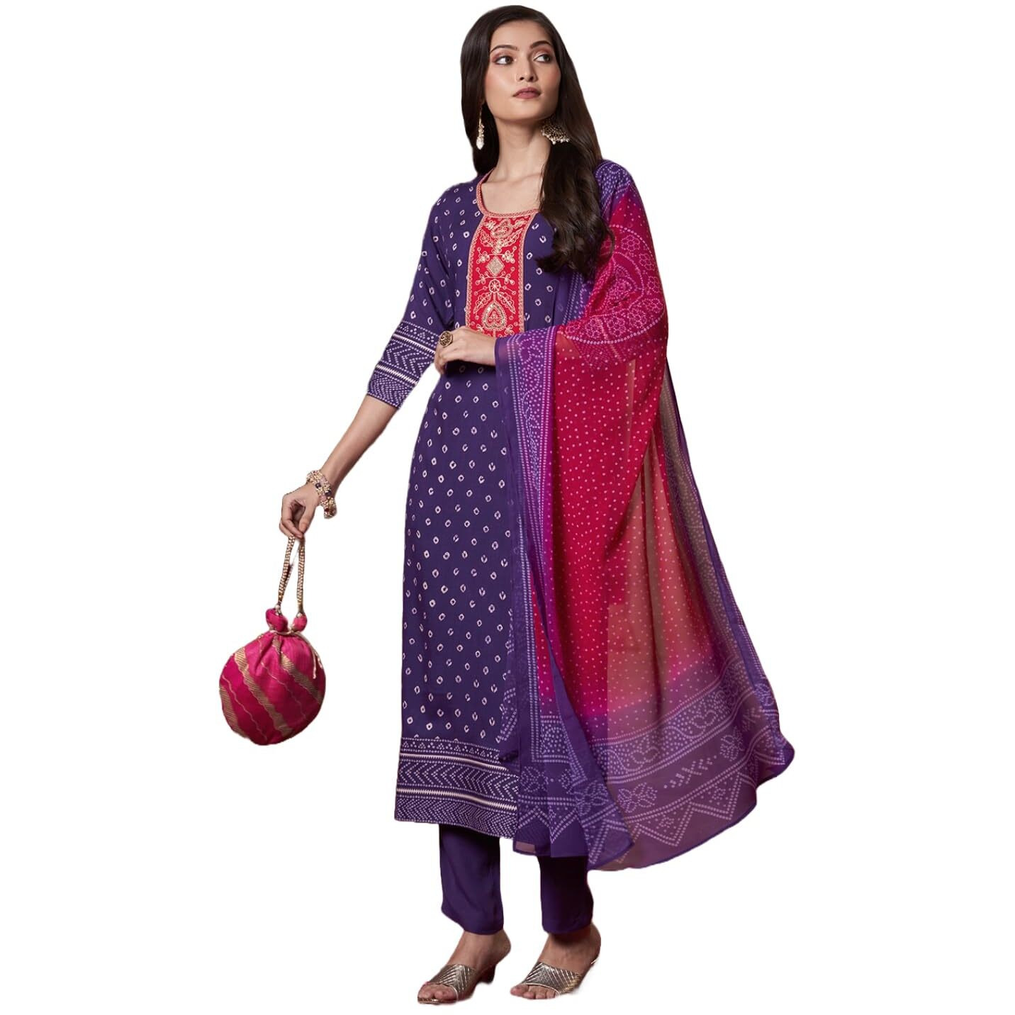 Gosriki Women's Rayon Viscose Printed Straight Kurta With Pant & Dupatta (Subhi Begani-Vks05-Gs_S_Begani_Small)